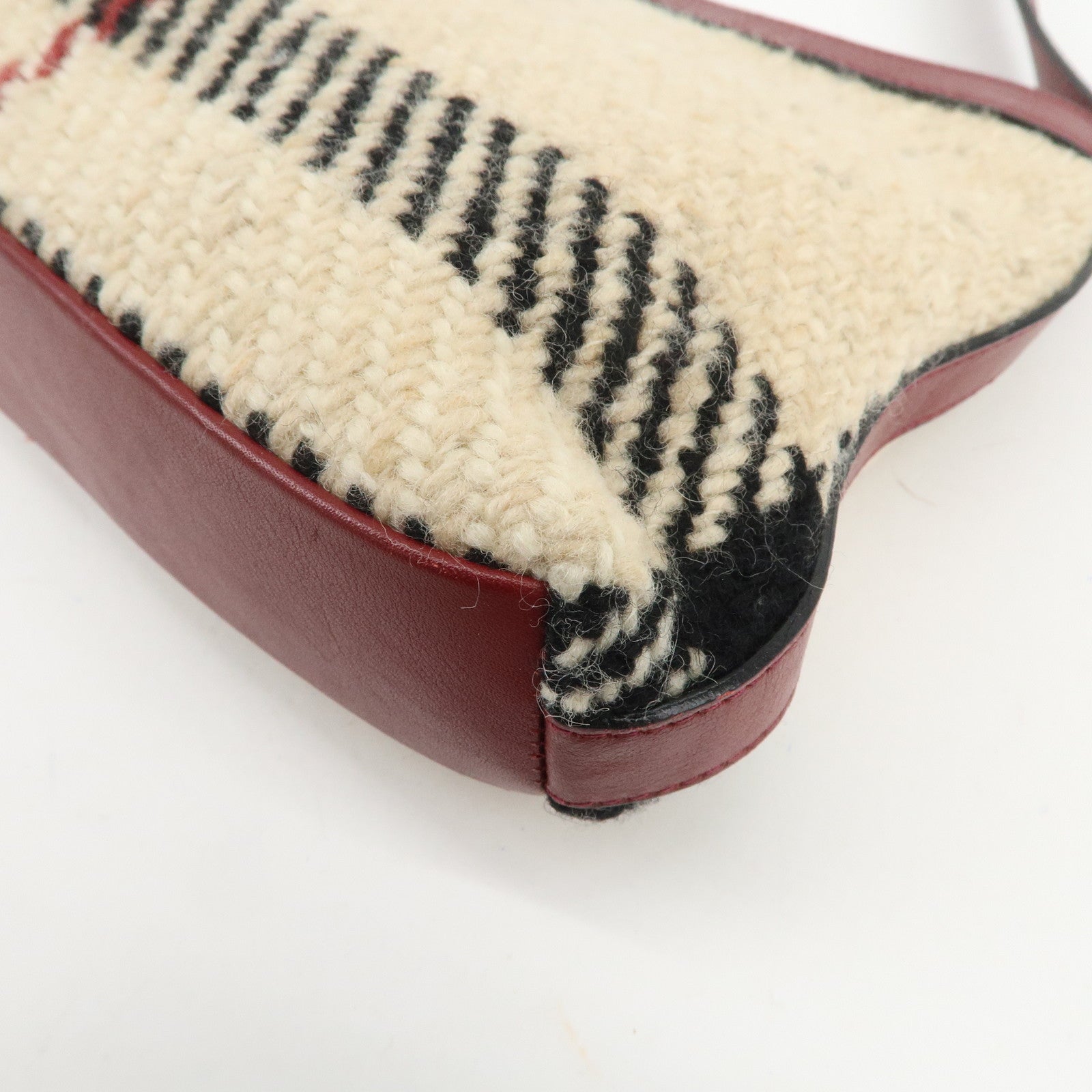 BURBERRY Wool Leather Hand Bag Plaid Wine Red Beige