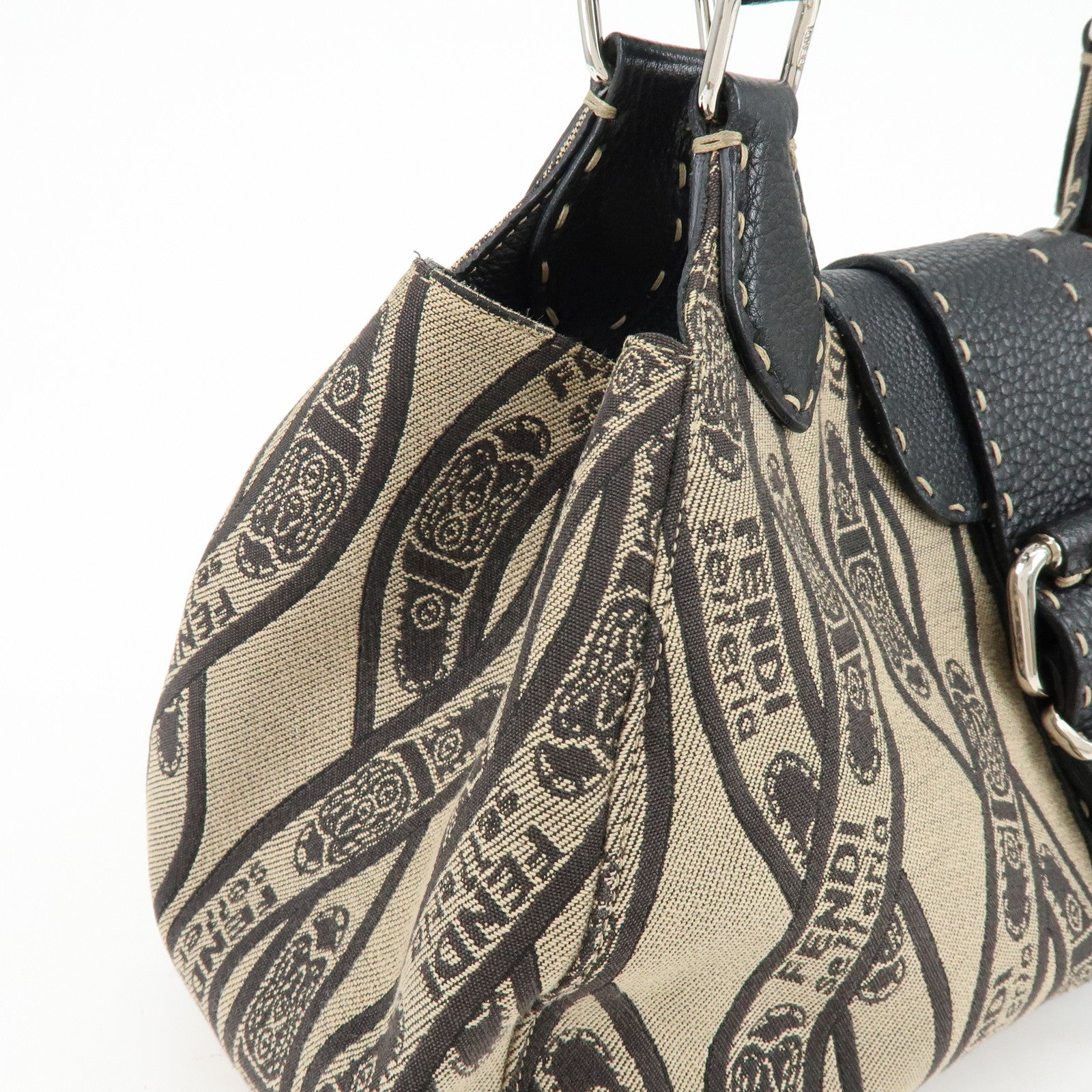 FENDI Selleria Canvas Leather Hand Bag Shoulder Bag Beige 8BR457