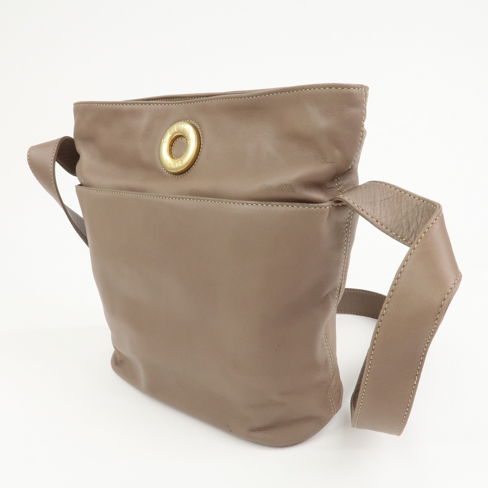 CELINE Logo Leather Shoulder Bag Crossbody Bag Greige