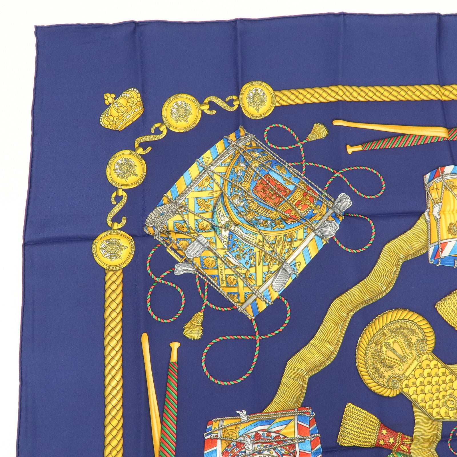HERMES Carre 90 Silk 100% Scarf  LES TAMBOURS Navy Gold