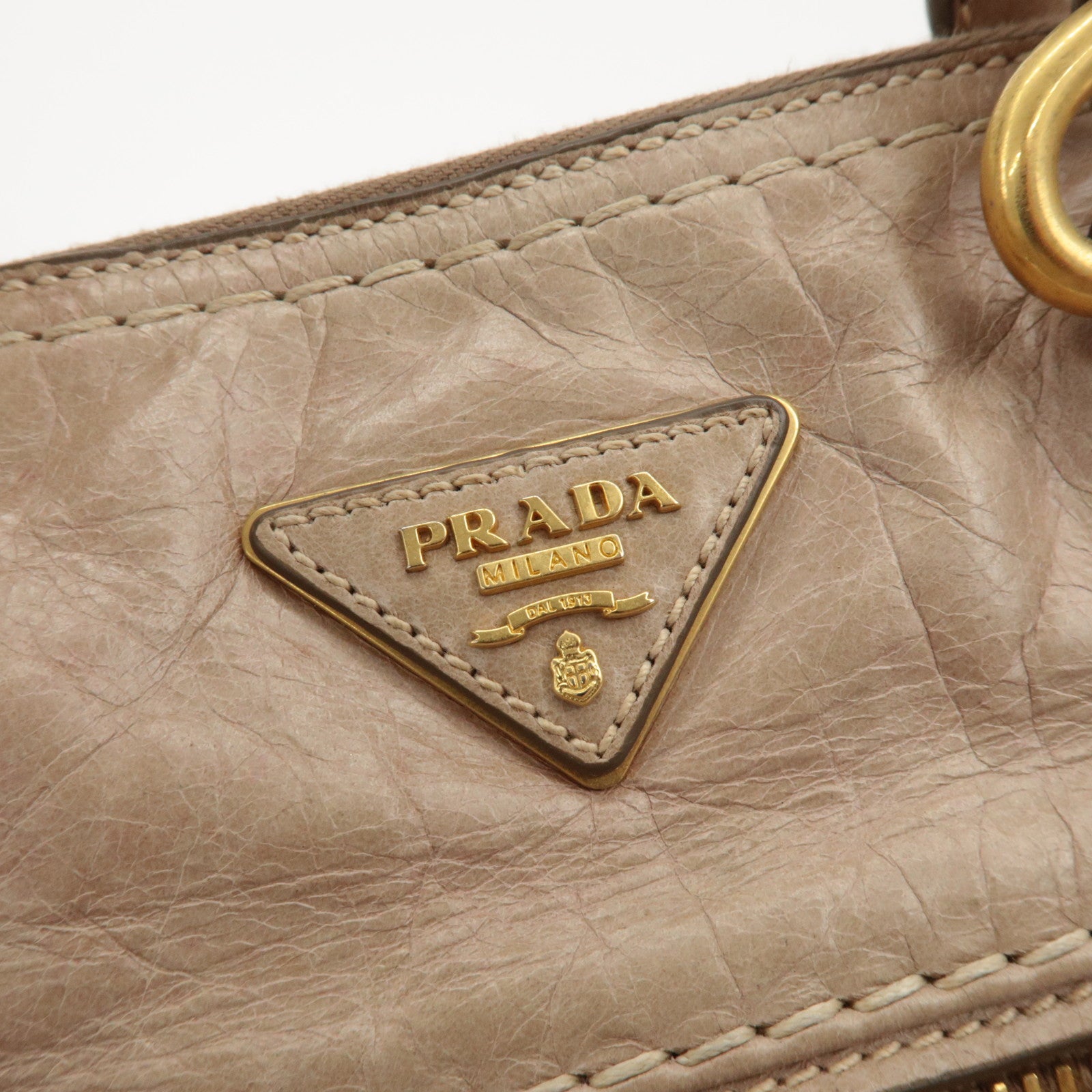 PRADA Triangle Logo Leather 2Way Bag Tote Bag Shoulder Bag Beige Used