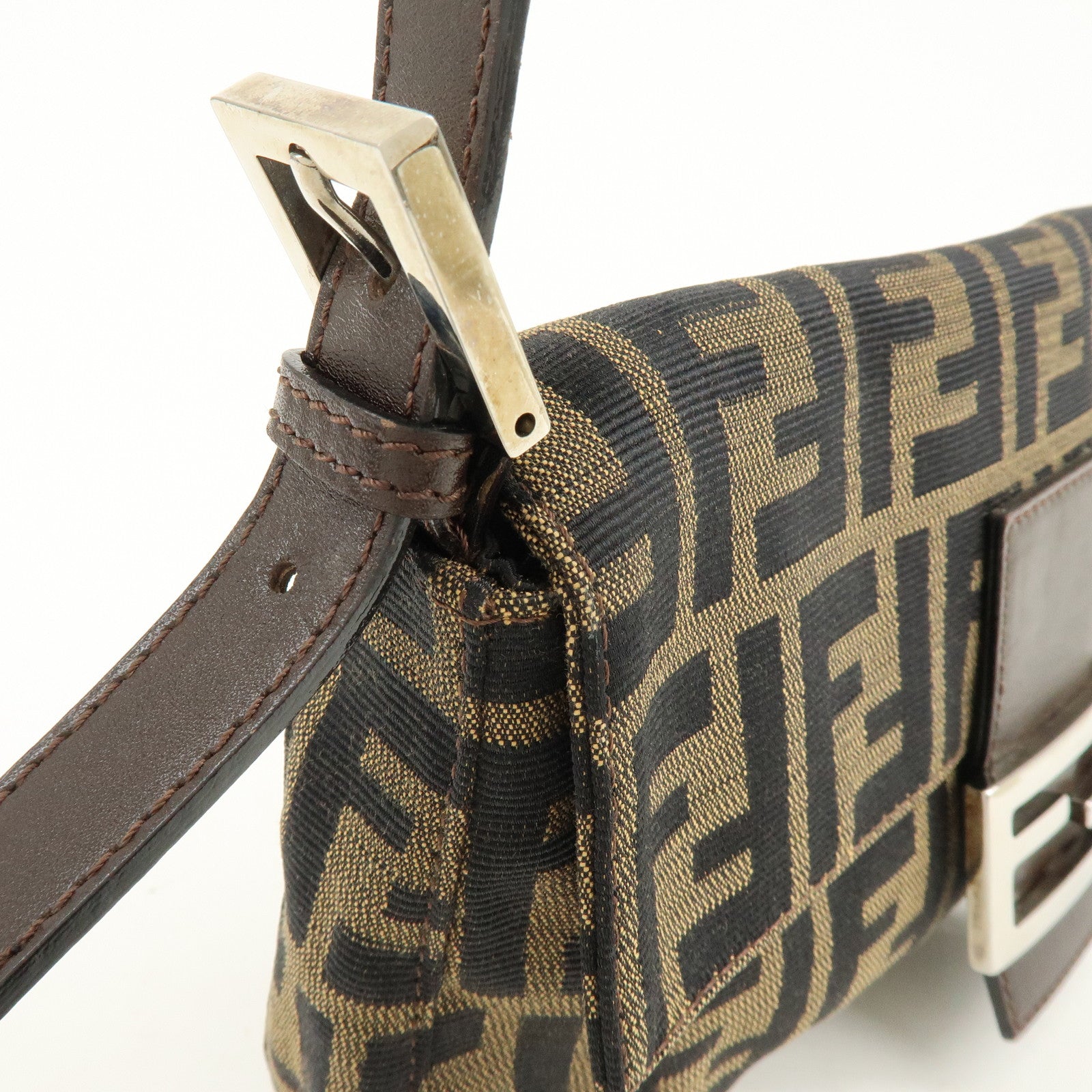 FENDI Mamma Baguette Zucca Canvas Leather Shoulder Bag Brown 8BR000