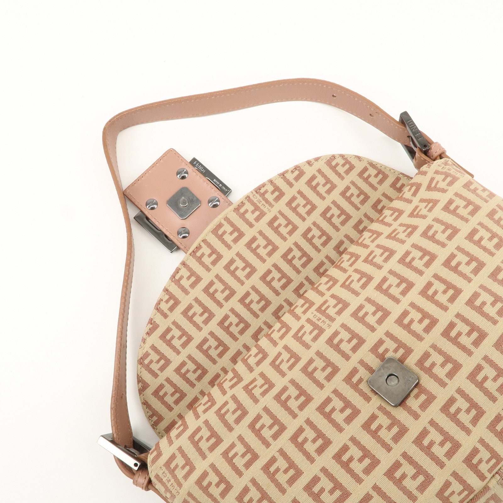 FENDI Mamma Baguette Zucchino Canvas Leather Pink Beige 8BR003 Used
