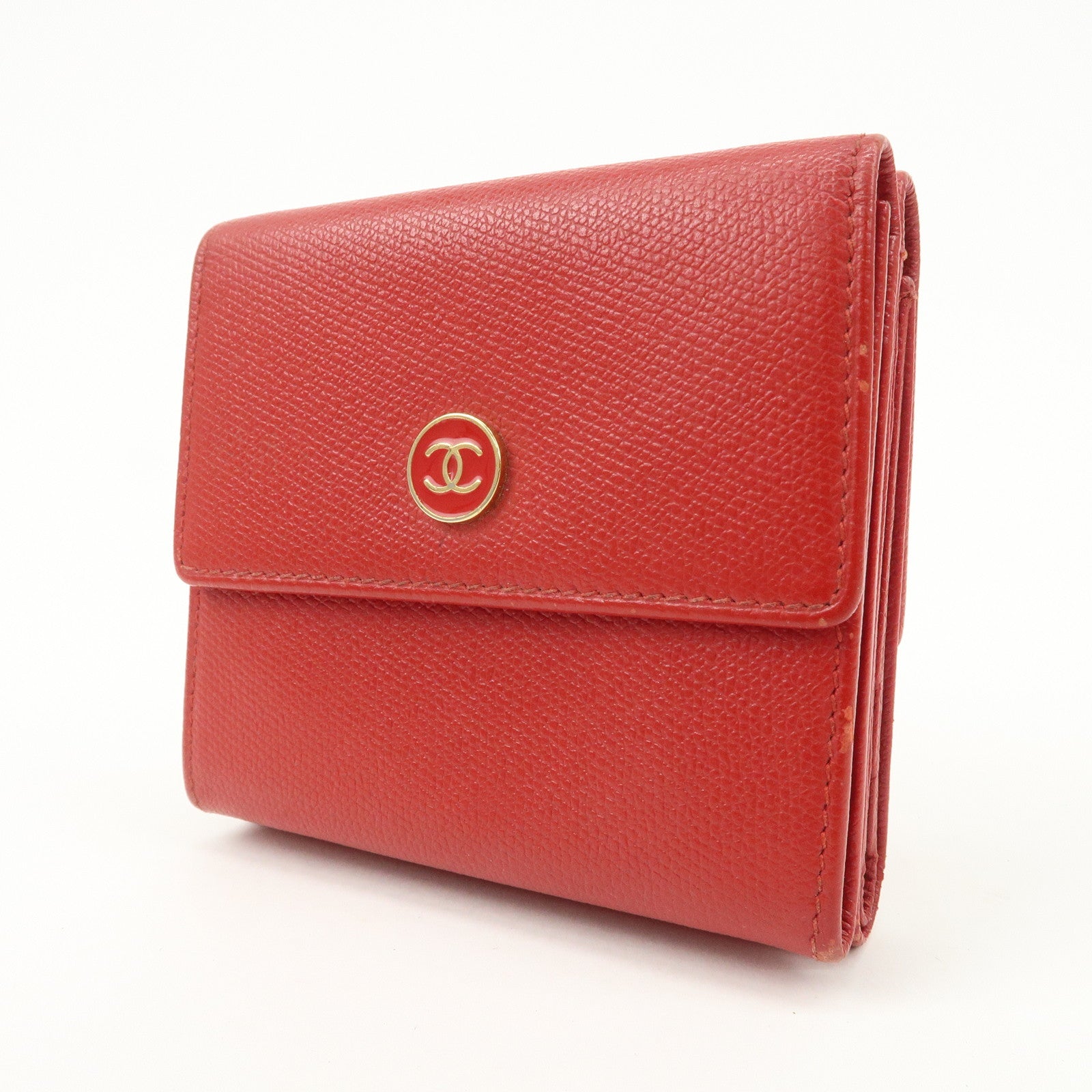 CHANEL COCO Button Leather Double Hook Compact Wallet Red A20902