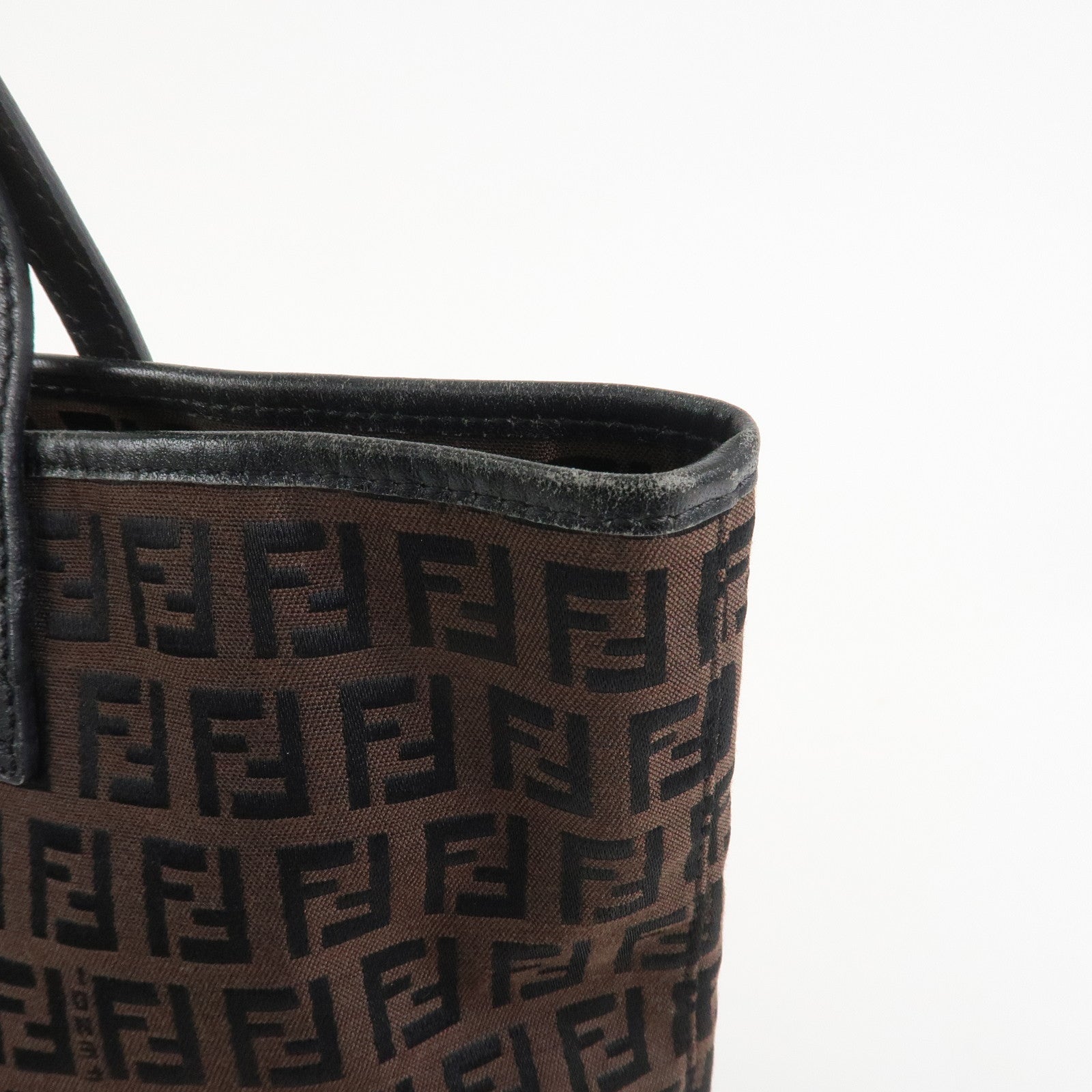 FENDI Zucchino Canvas Leather Tote Bag Hand Bag Brown Black 8BH074