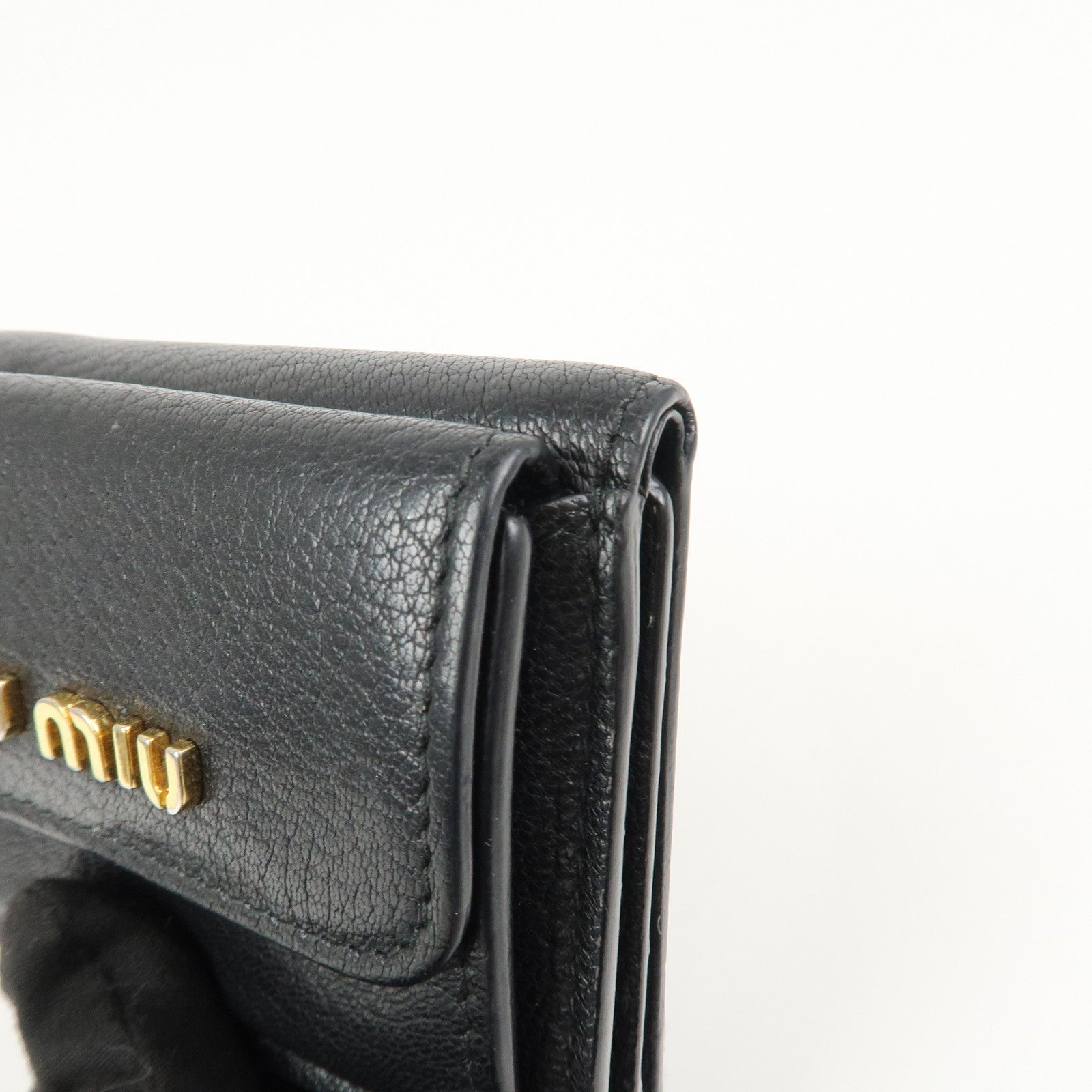 MIU MIU Logo Leather Tri-fold Compact Wallet Black 5MH020