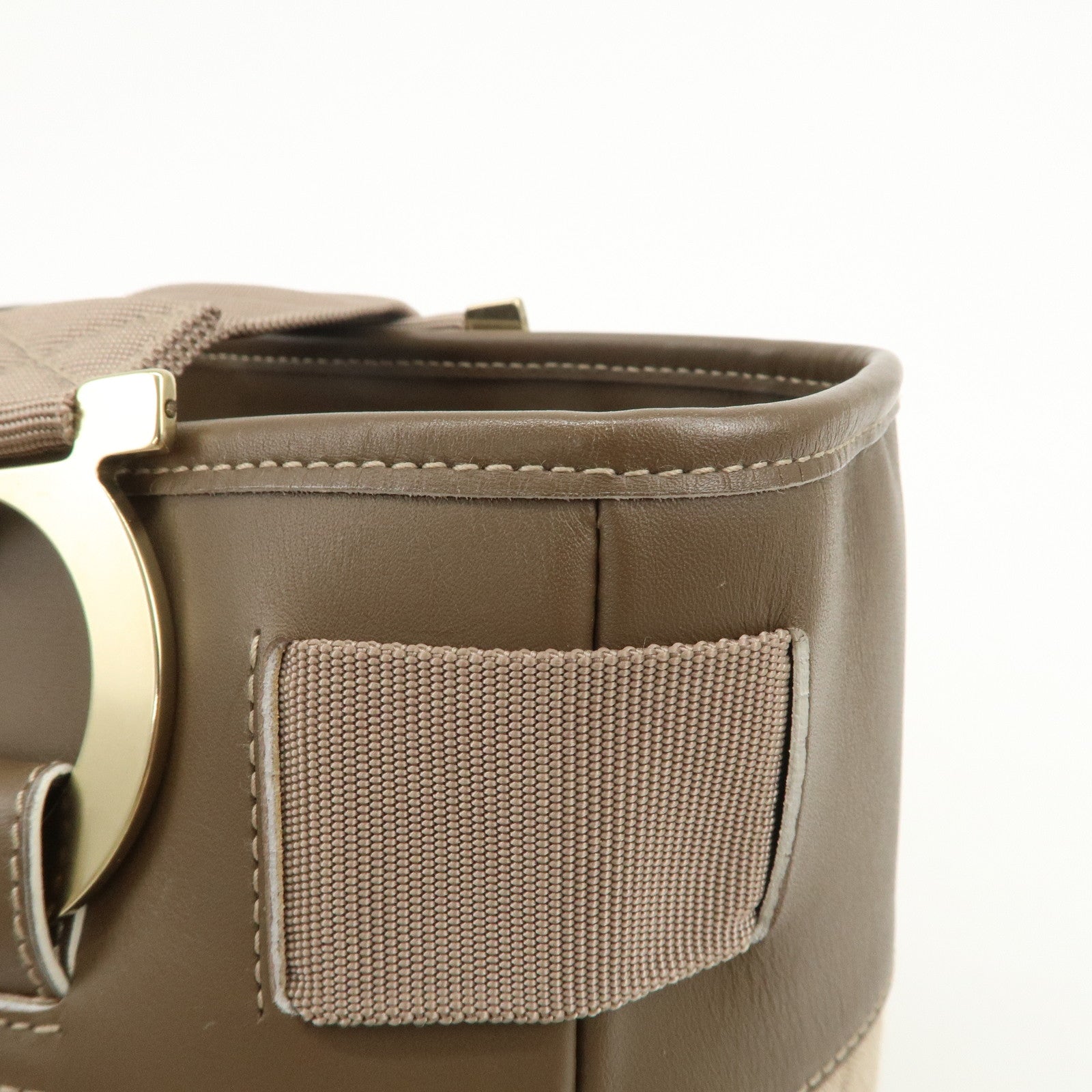 Ferragamo Gancini Canvas Leather Tote Bag Shoulder Bag Beige Brown