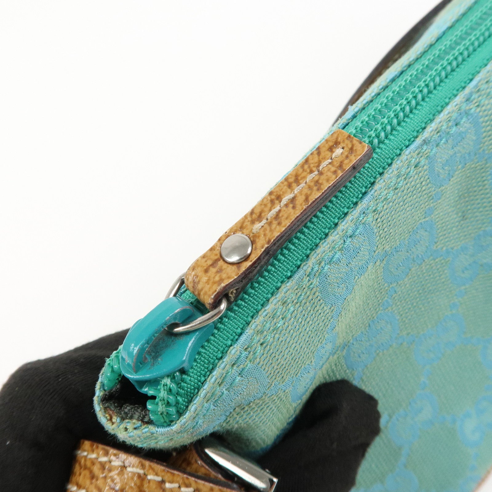 GUCCI Boat Bag GG Canvas Leather Hand Bag Pouch Blue 07198