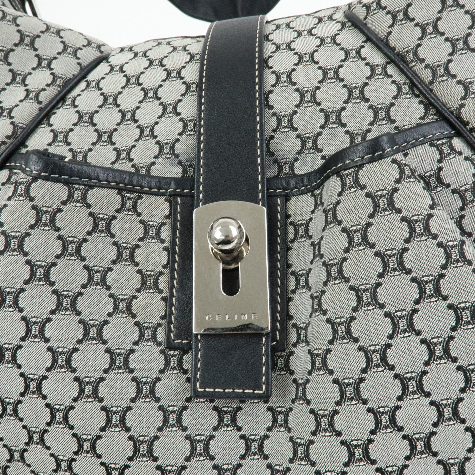 CELINE Macadam Canvas Leather Hand Bag Shoulder Bag Navy