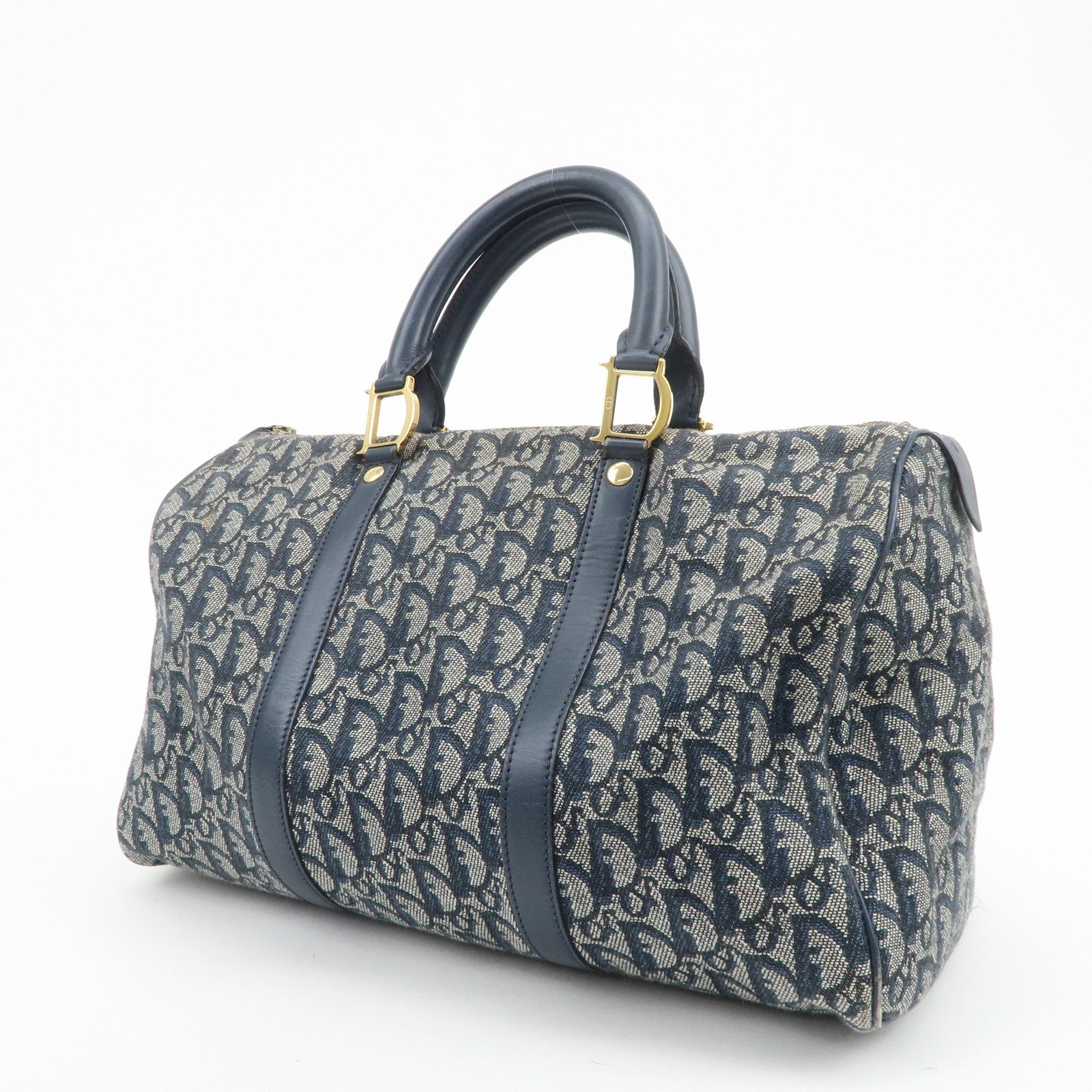 Christian Dior Trotter Jacquard Canvas Leather Boston Bag Navy