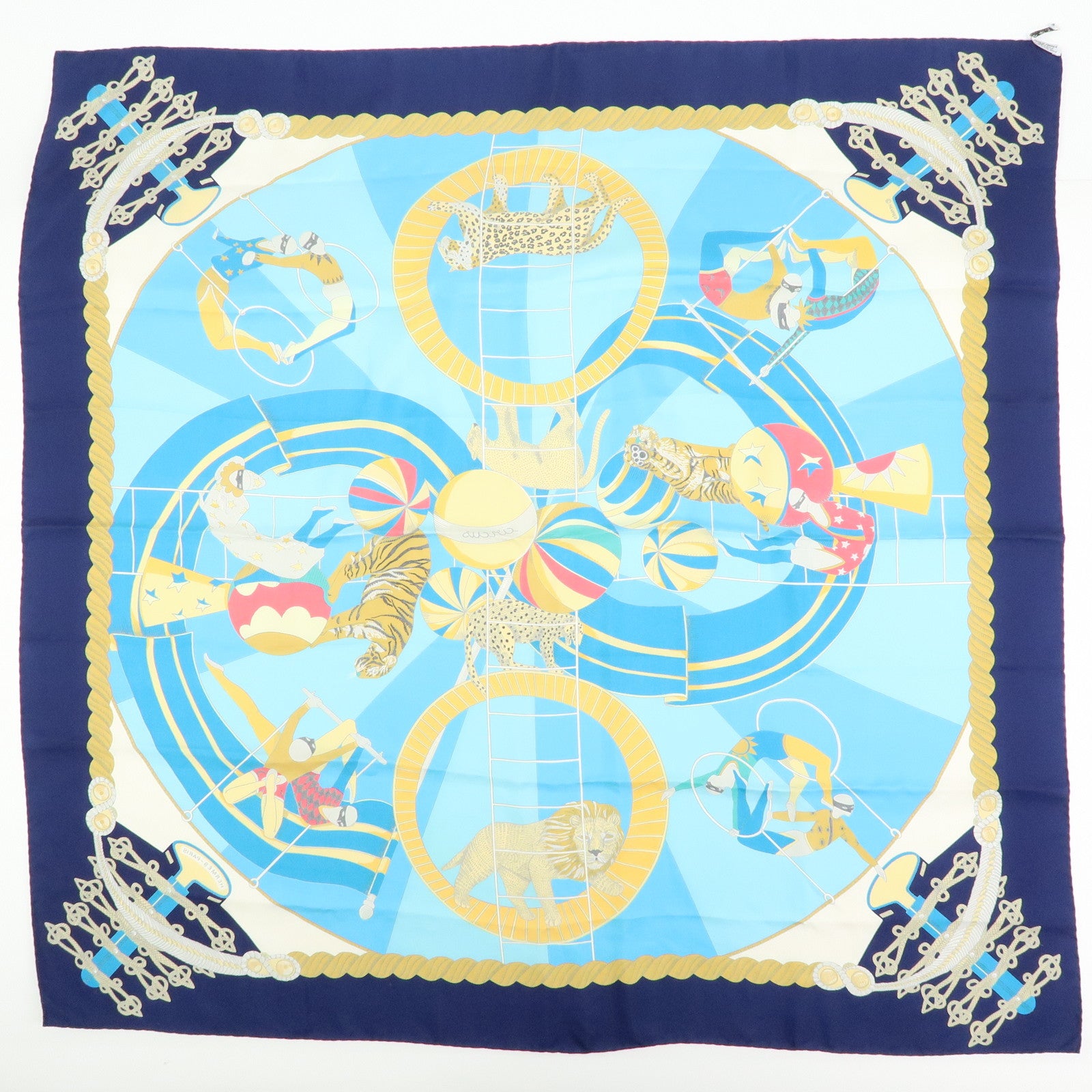 HERMES Carre 90 Silk 100% Scarf Circus Blue Gold
