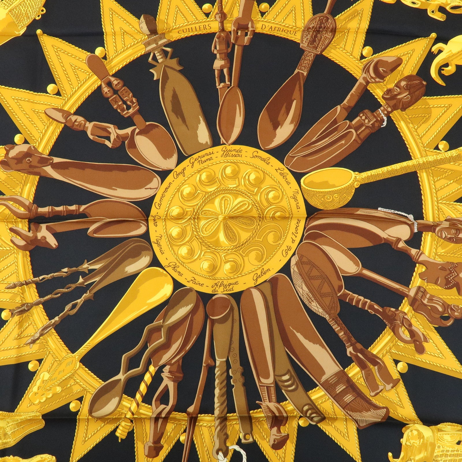 HERMES Carre 90 Silk 100% Scarf CUILLERS D'AFRIQUE Black Gold