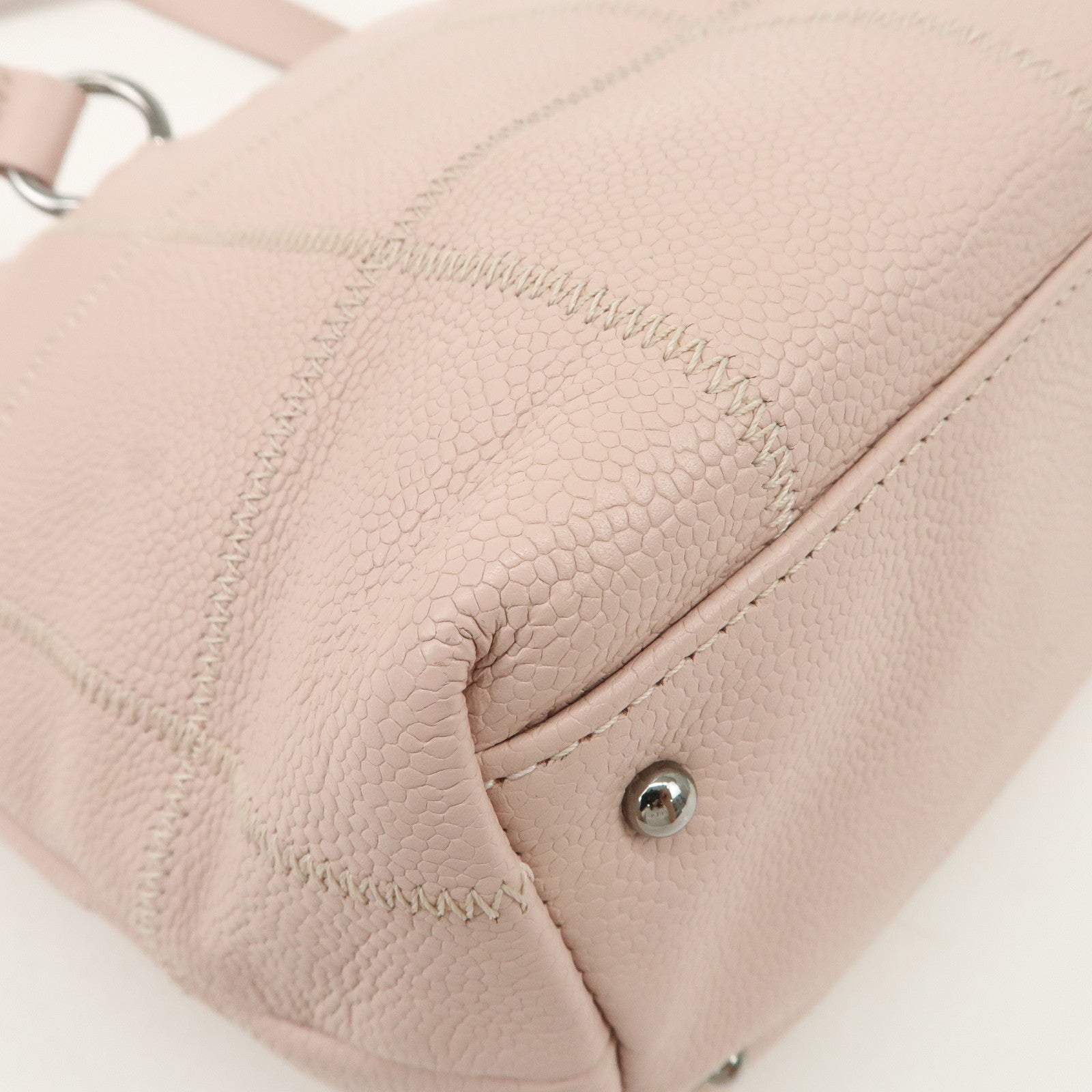 CHANEL Chocolate Bar Caviarskin Tote Bag Hand Bag Pink Silver Used