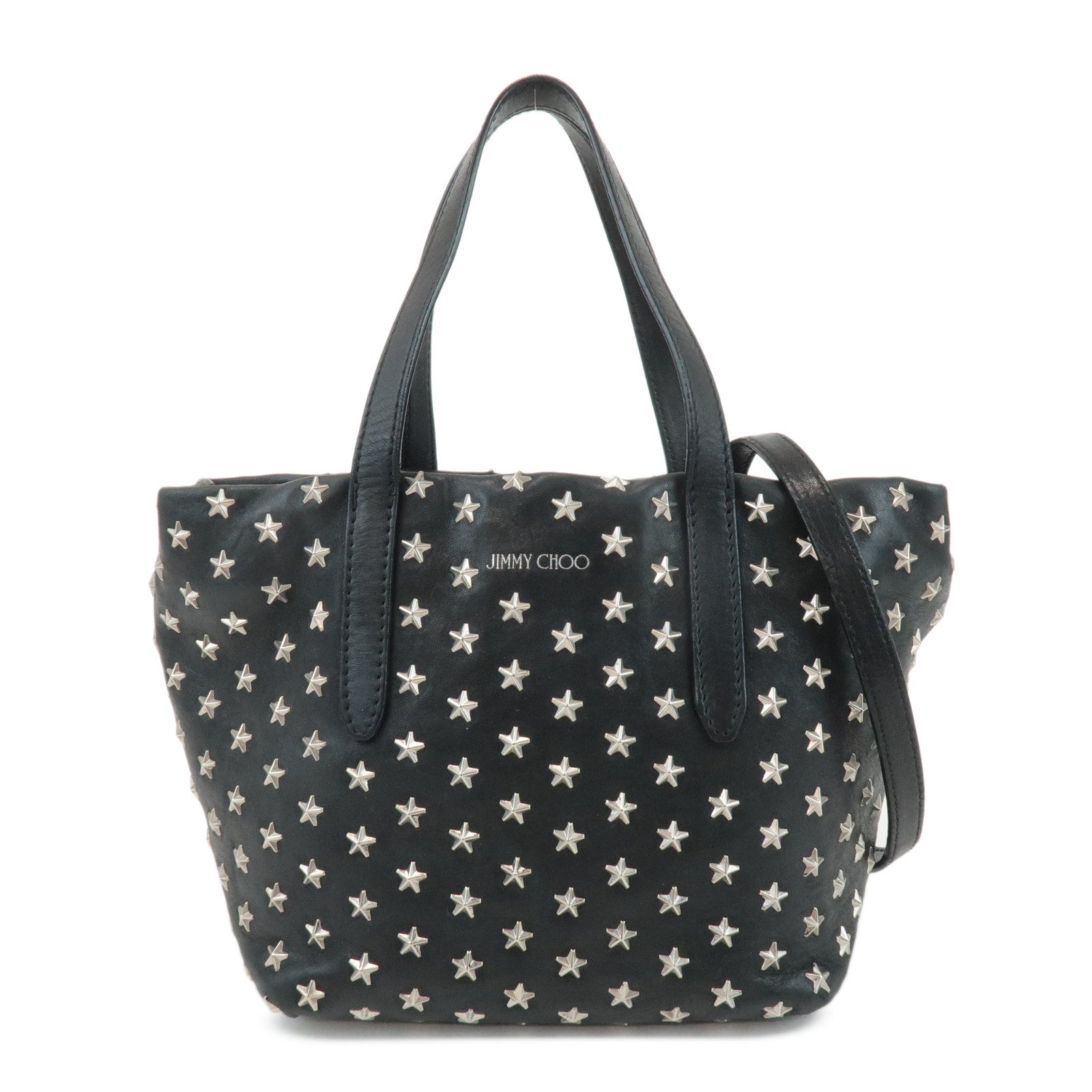 JIMMY CHOO Leather Star Studs Tote Bag Hand Bag Black Silver HDW Used