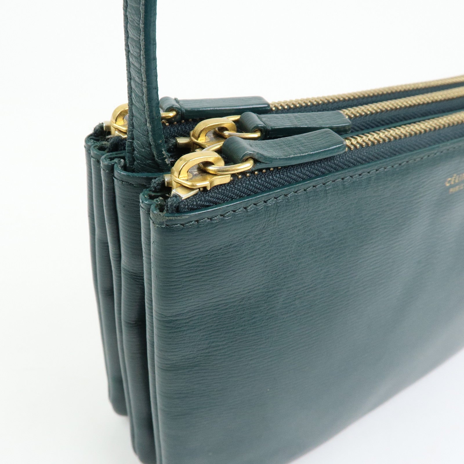 CELINE Trio Leather Shoulder Bag Three Detachable Pouch Dark Green