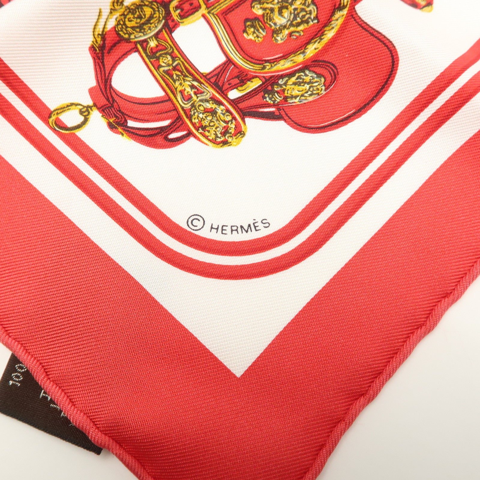 HERMES Carre Nano Silk 100% Scarf  BRIDES DE GALA White Red