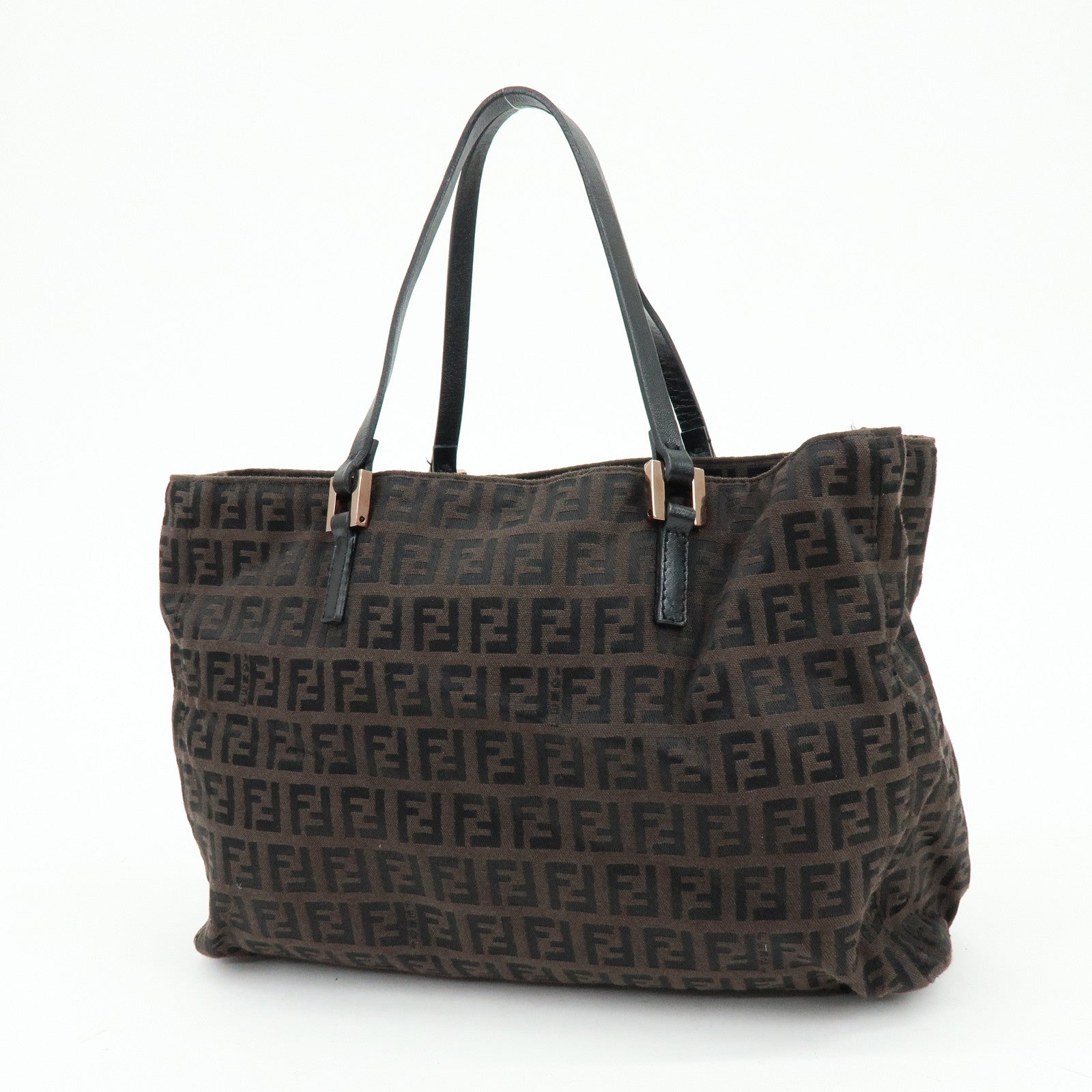 FENDI Zucchino Canvas Leather Tote Bag Hand Bag Brown 8BH018