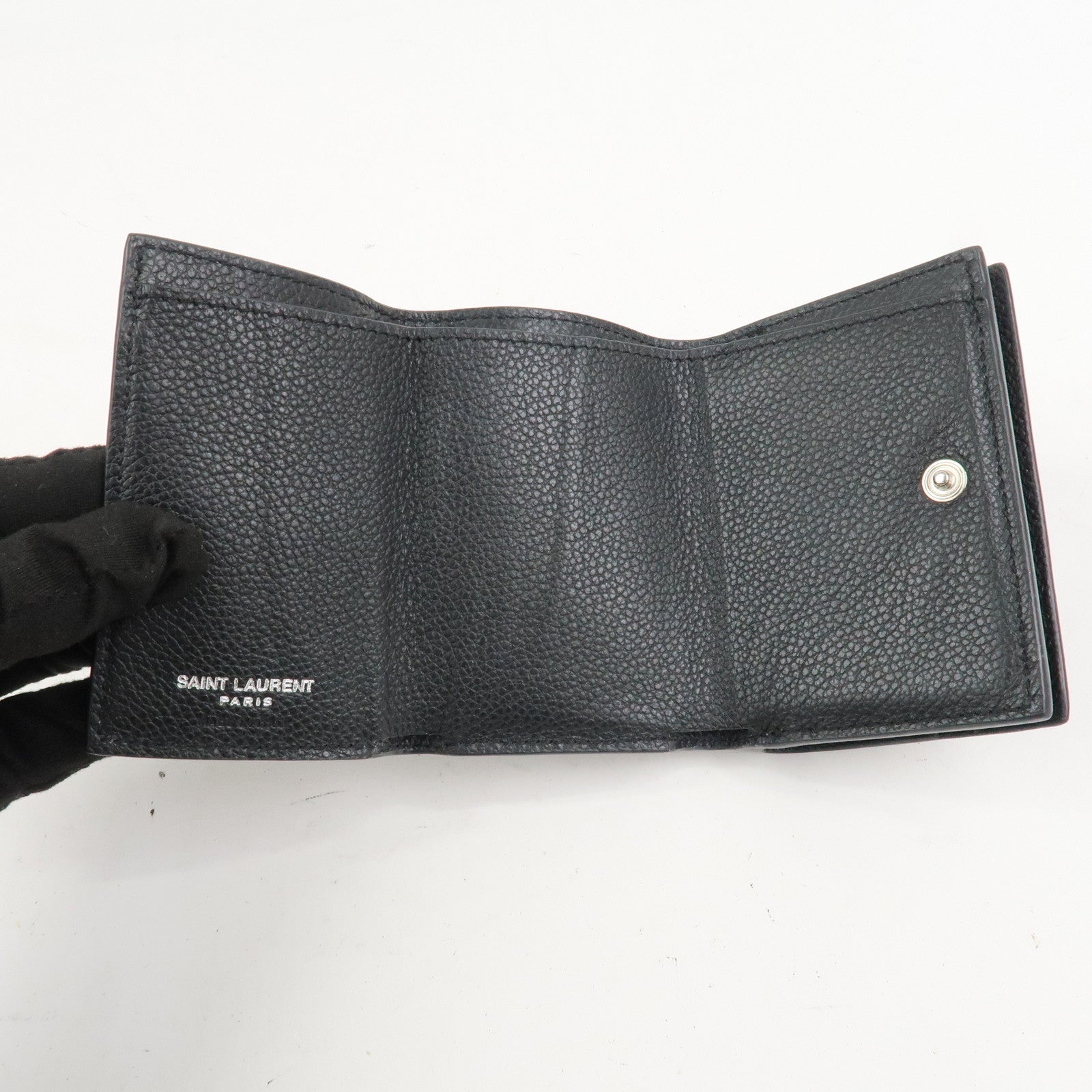 SAINT LAURENT Leather Tri-fold Compact Wallet Black Silver HDW