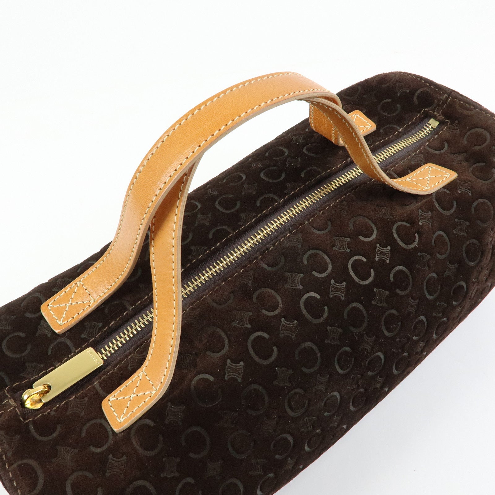 CELINE C Macadam Suede Leather Hand Bag Drum Bag Dark Brown