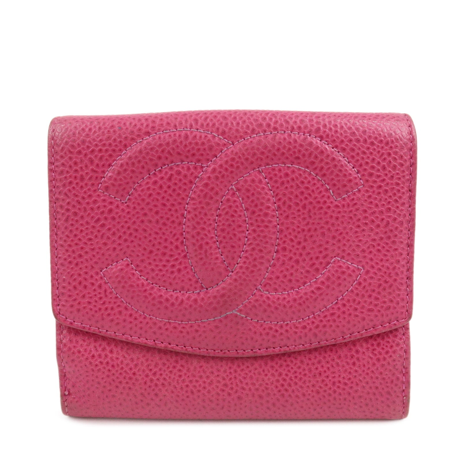 CHANEL COCO Mark Caviarskin Double Hook Bi-fold Wallet Pink
