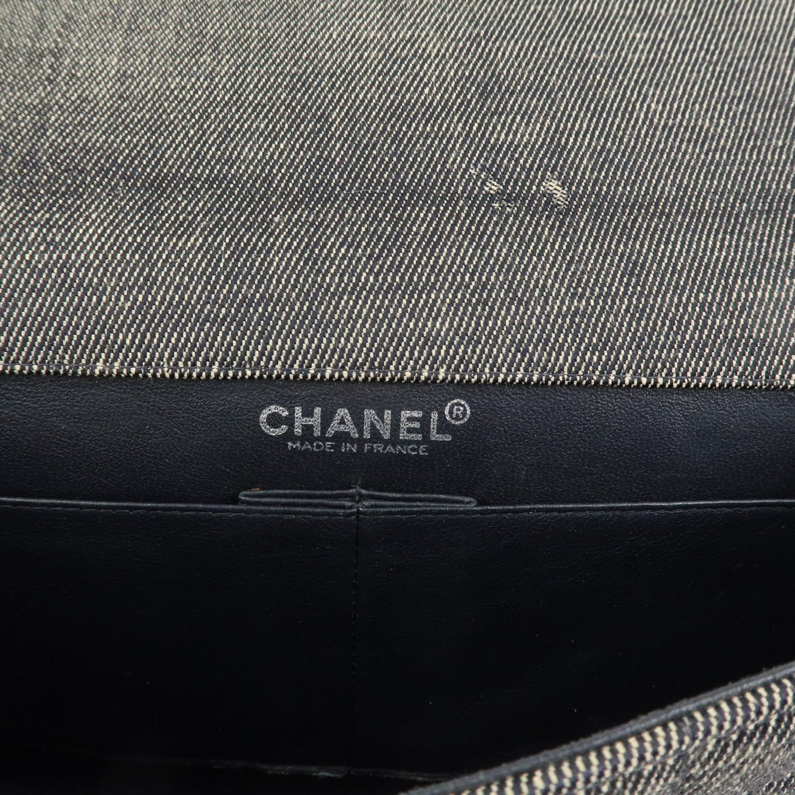 CHANEL Chocolate Bar Denim Leather Chain Shoulder Hand Bag Black