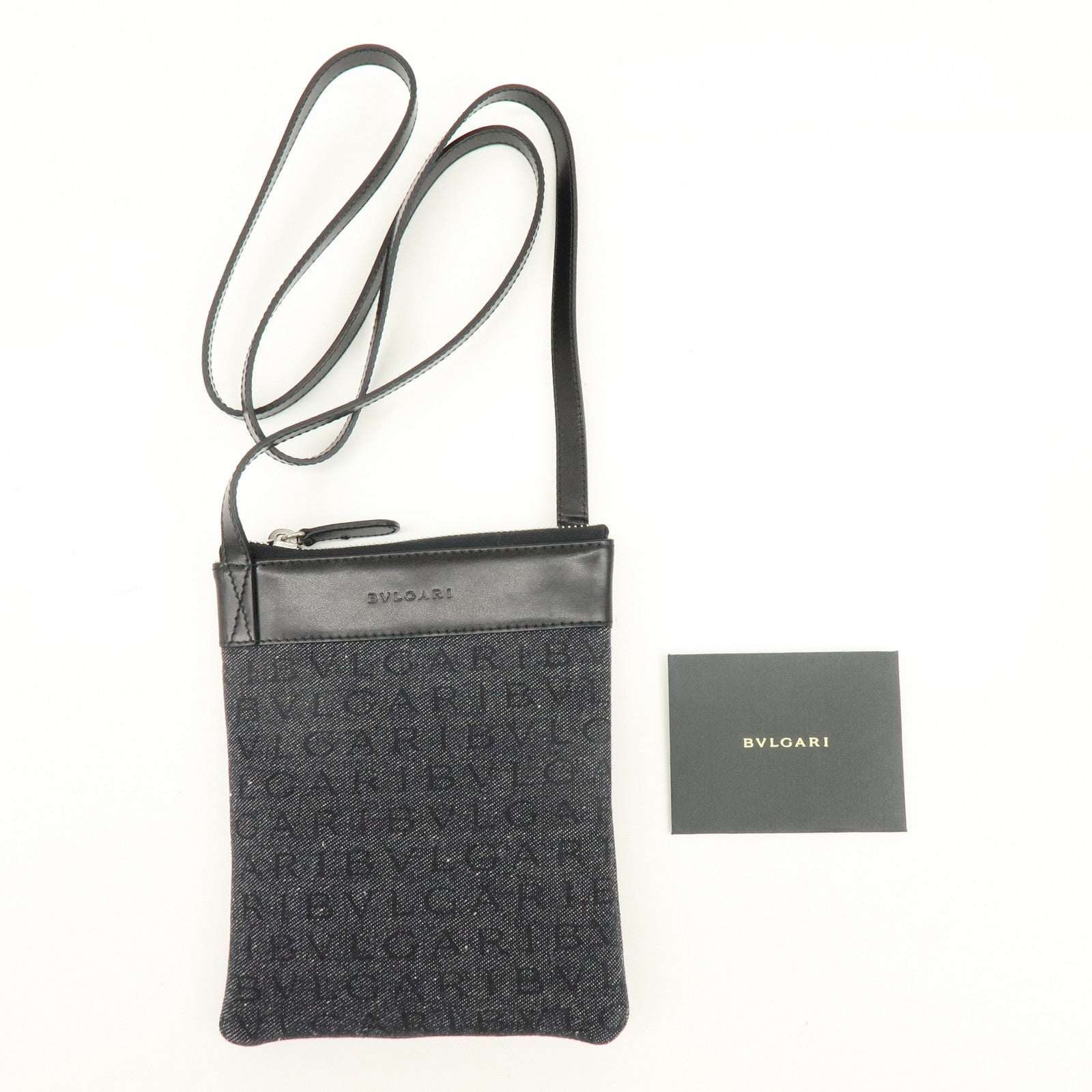 BVLGARI Logo Mania Denim Leather Shoulder Bag Crossbody Bag Black