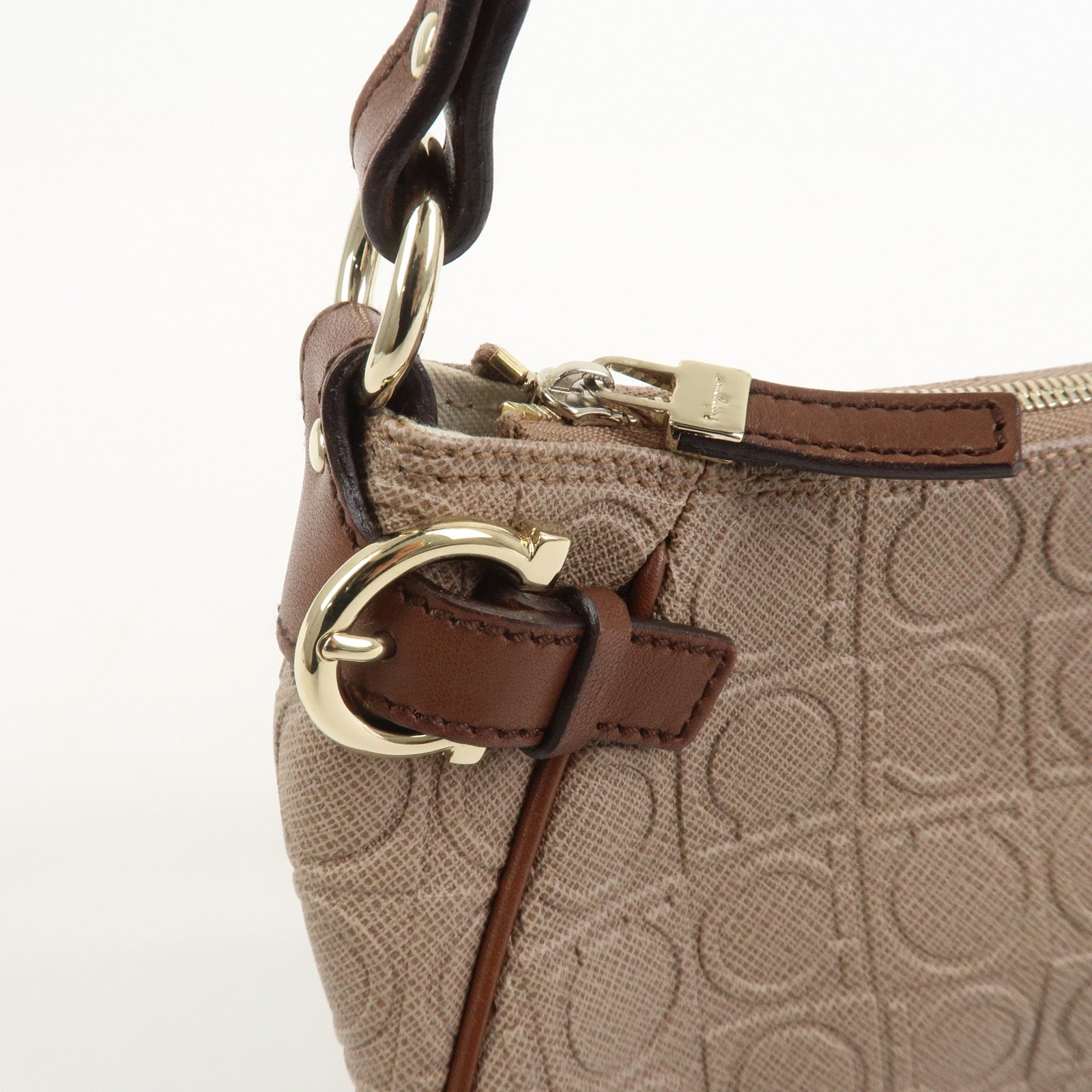 Ferragamo Gancini PVC Canvas Leather Shoulder Bag Hand Bag Brown