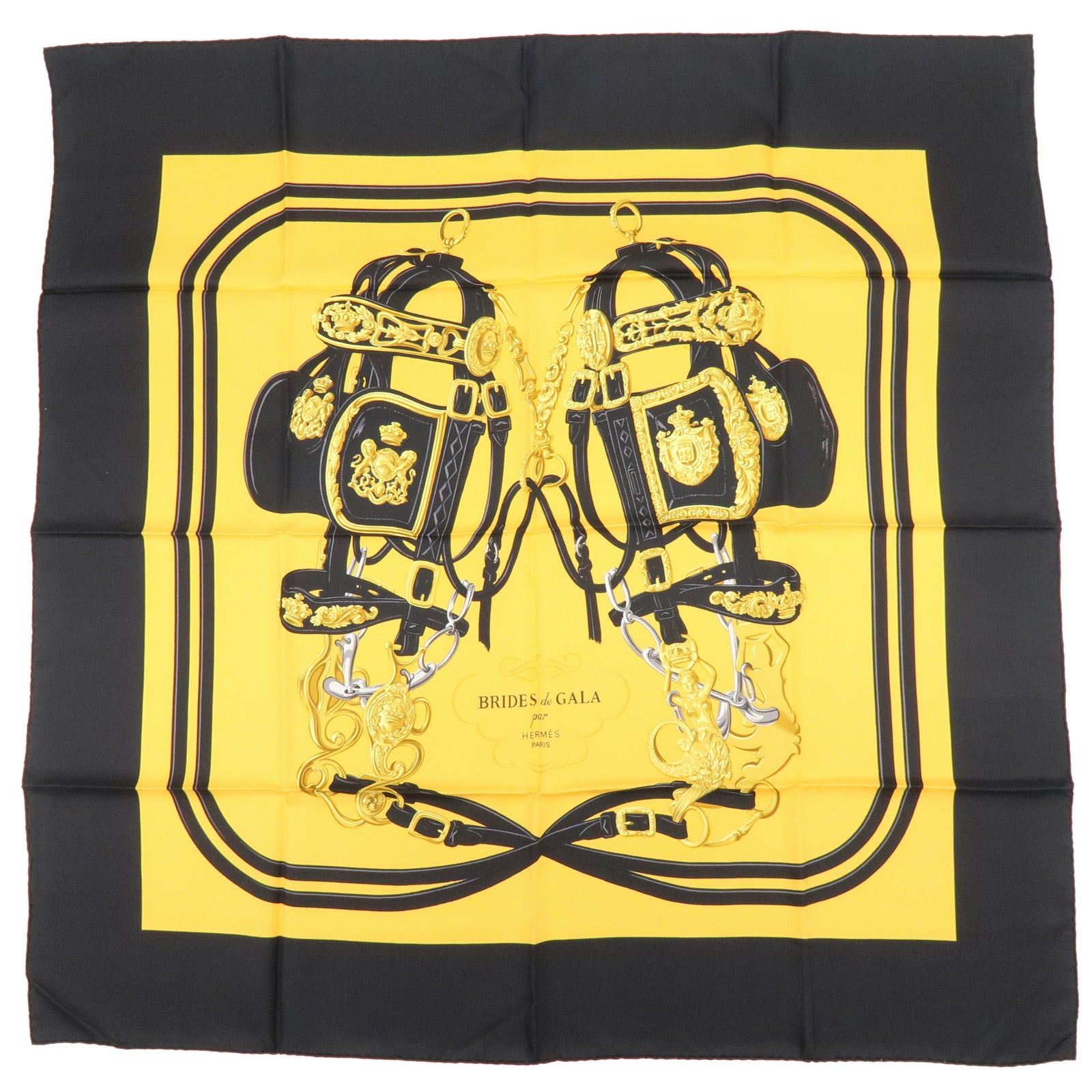 HERMES Carre 90 Silk 100% Brides de Gala Scarf Black Yellow
