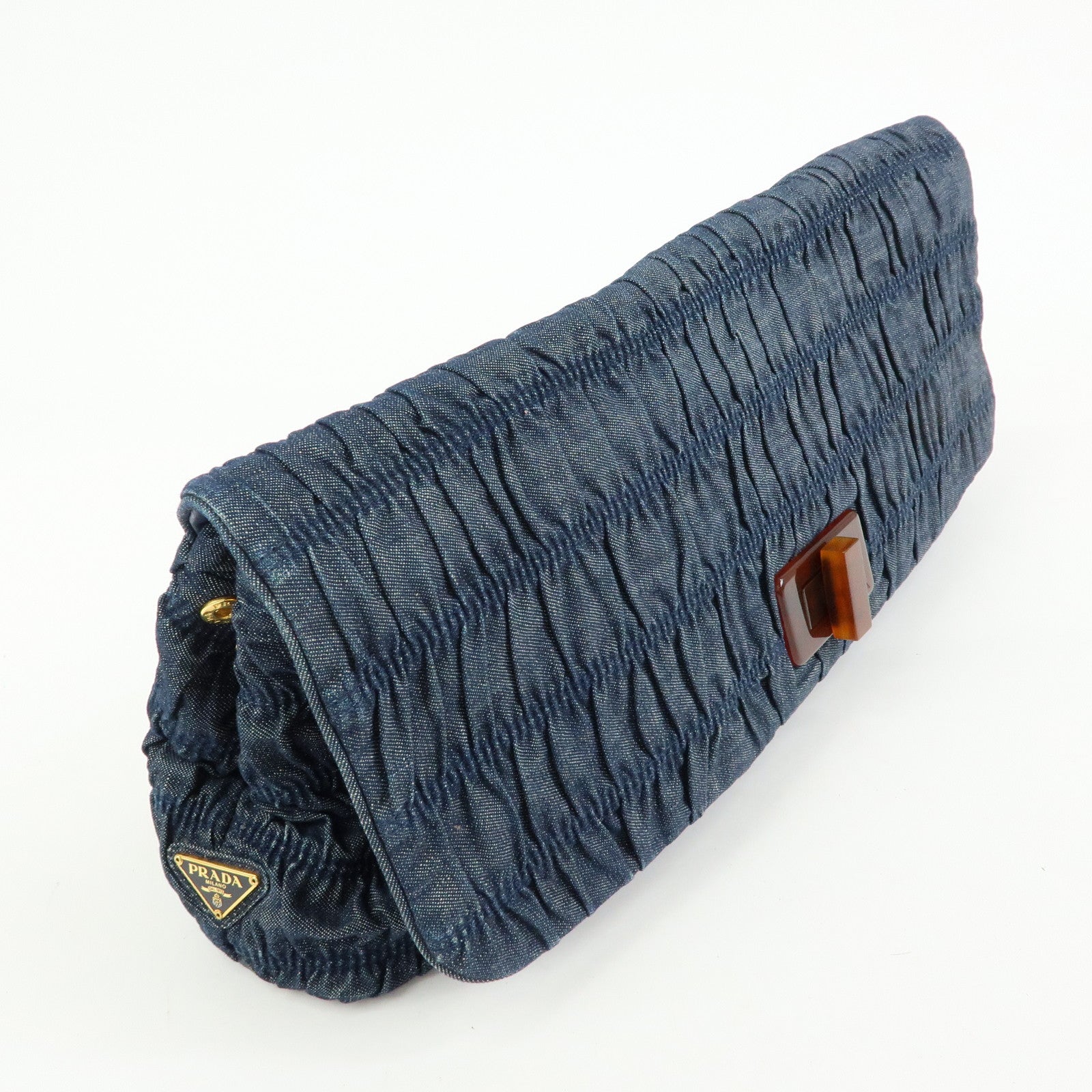 PRADA Triangle Logo Denim Clutch Bag Pouch Blue Brown
