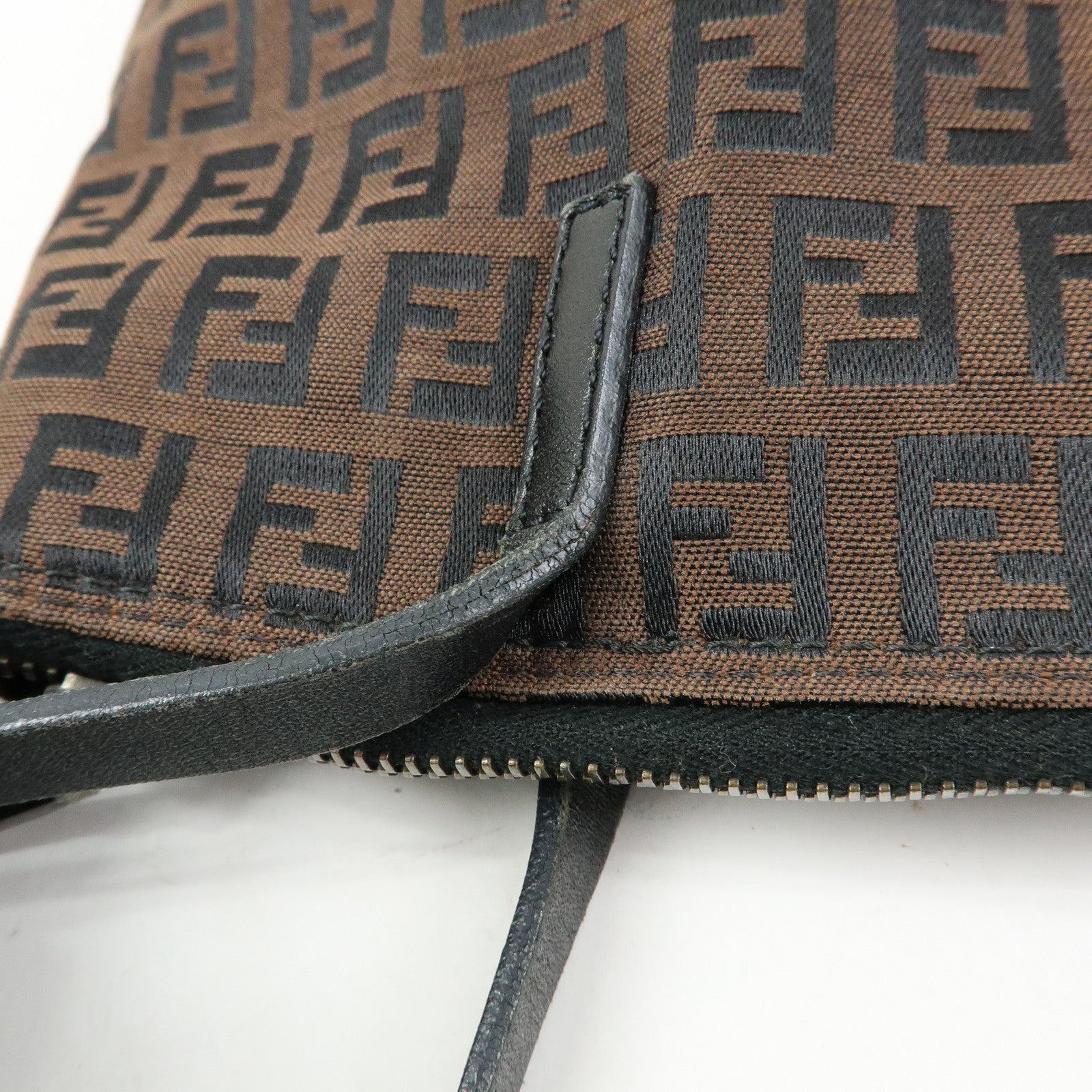 FENDI Zucchino Canvas Leather Tote Bag Hand Bag Brown Black 8BH022