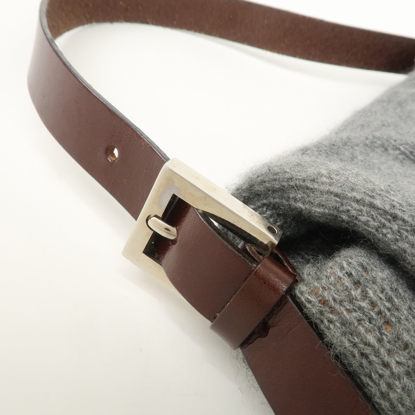 FENDI Mamma Baguette Wool Leather Shoulder Bag Brown Gray 26424