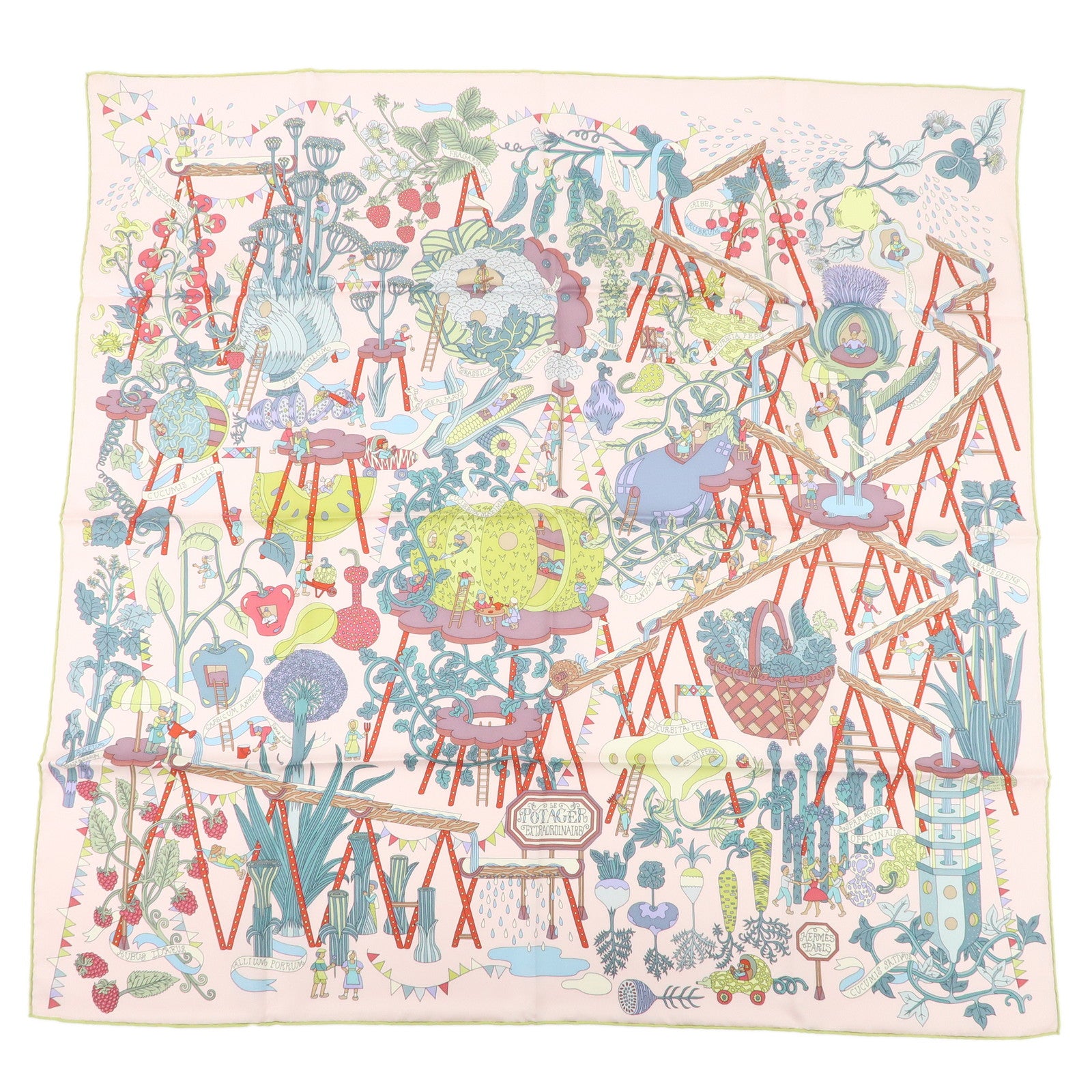 HERMES Carre 90 Silk 100% Scarf POTAGER EXTRA ORDINAIRE Pink Multicolor Used