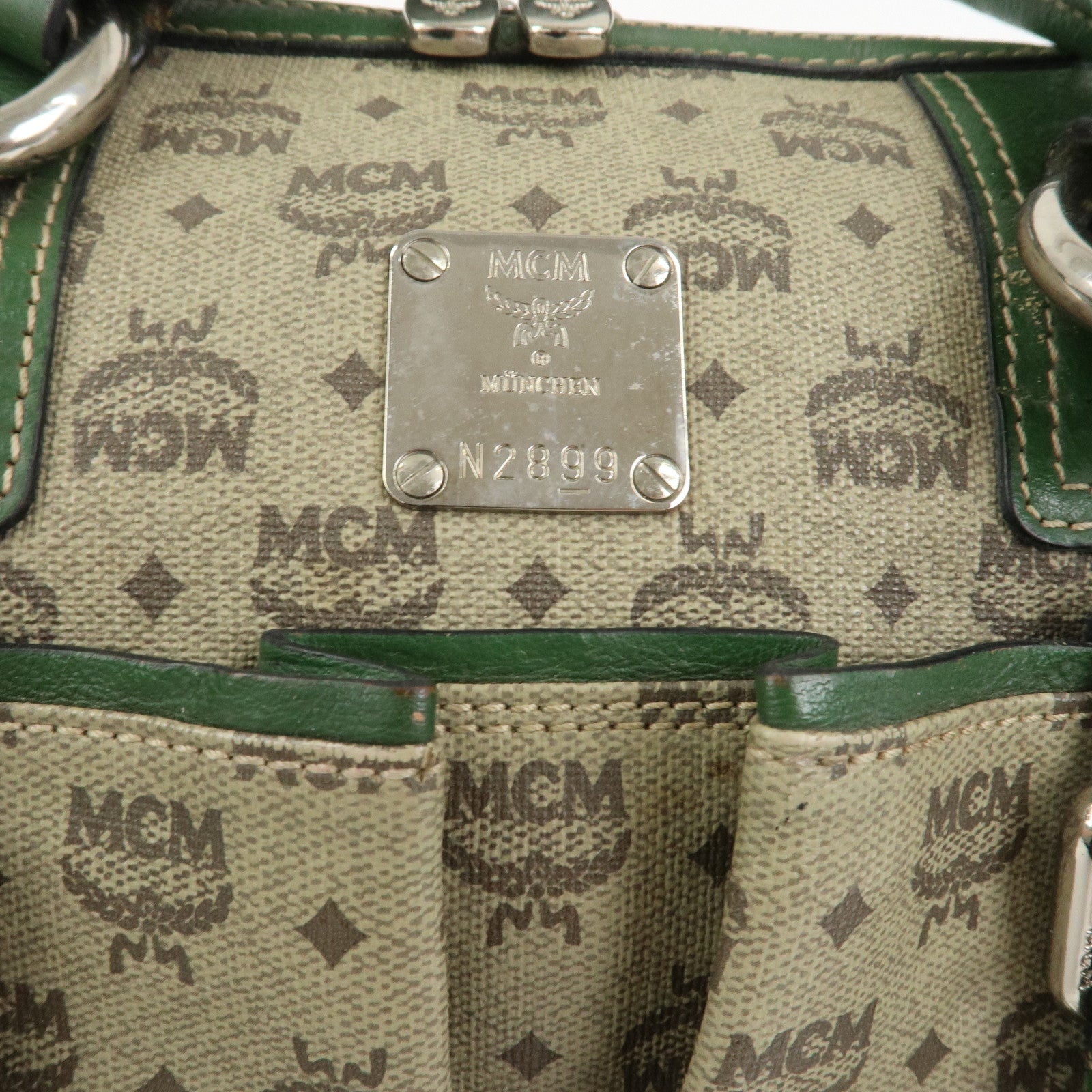 MCM Visetos PVC Coating Canvas Leather Boston Bag Beige Green