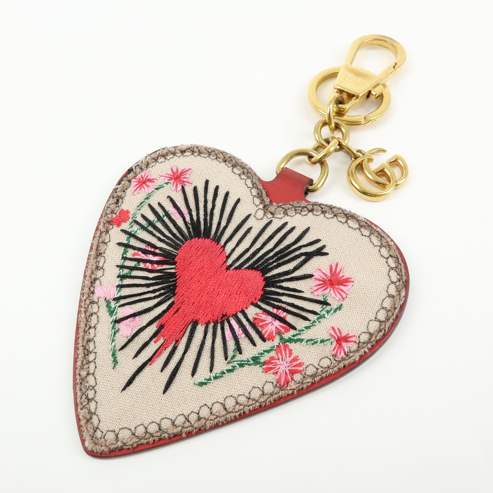 GUCCI GG Supreme Canvas Leather Bag Charm Key Chain Heart Beige