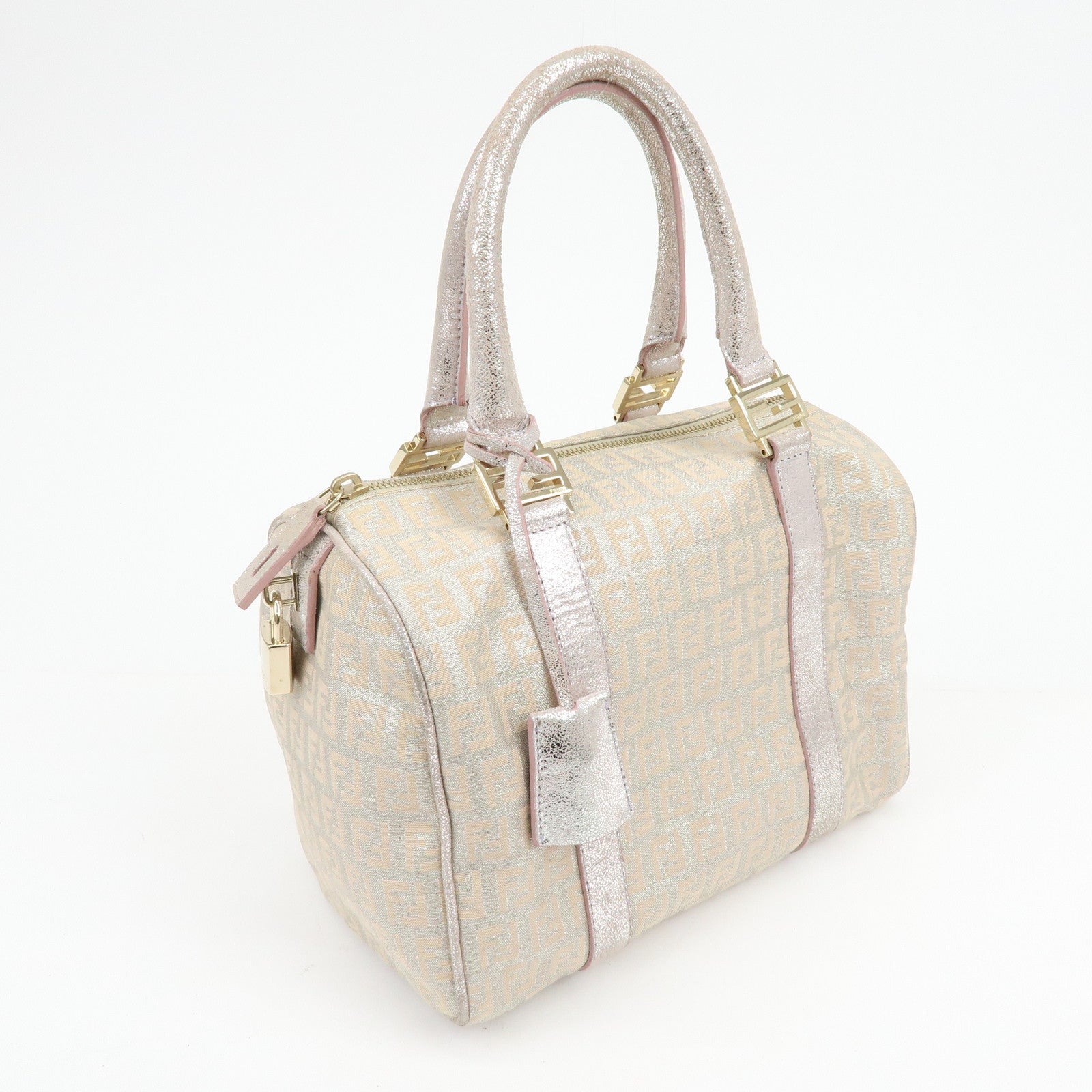 FENDI Zucchino Canvas Leather Mini Boston Bag Silver Beige 8BL068