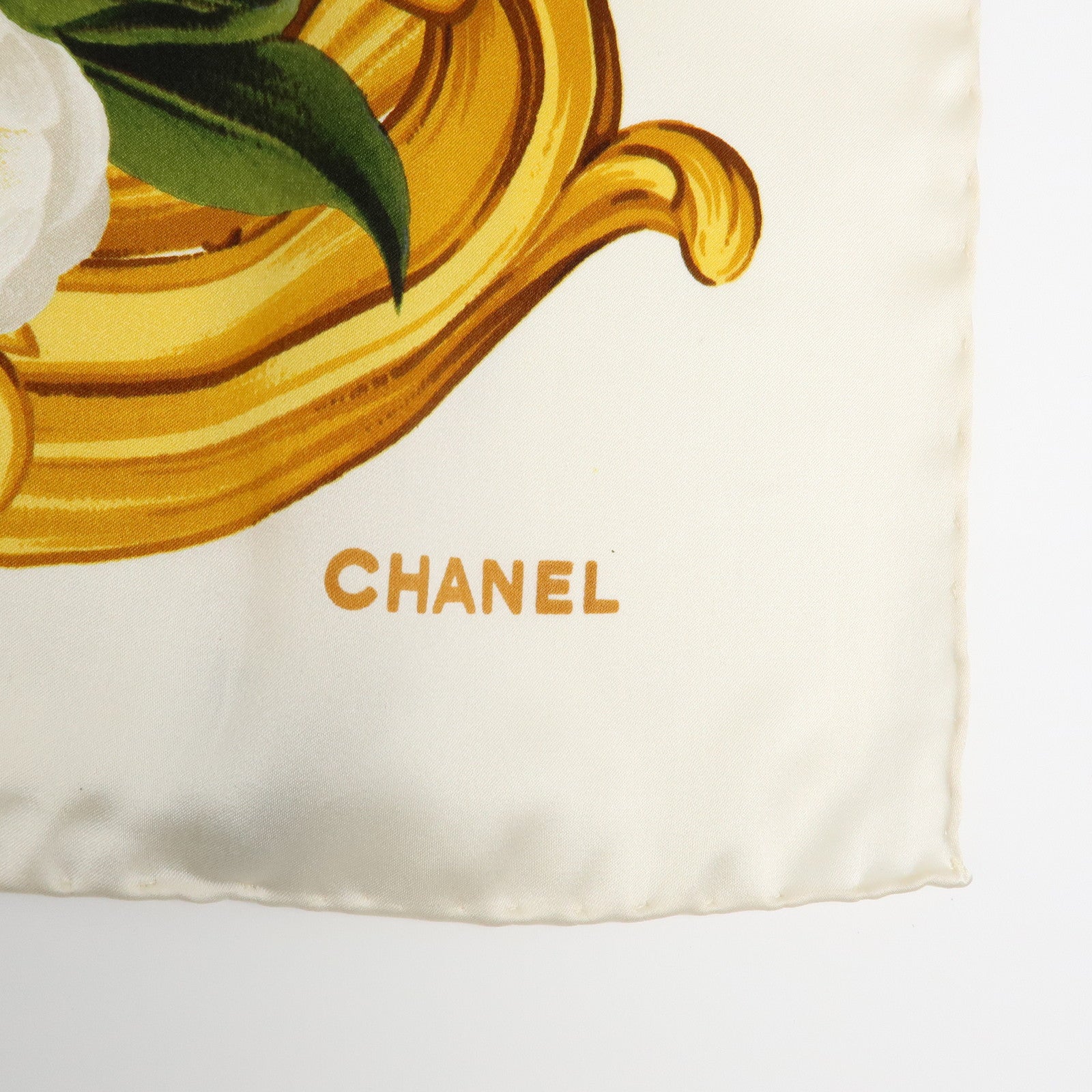 CHANEL Silk 100% Scarf Flower Print White Red Gold
