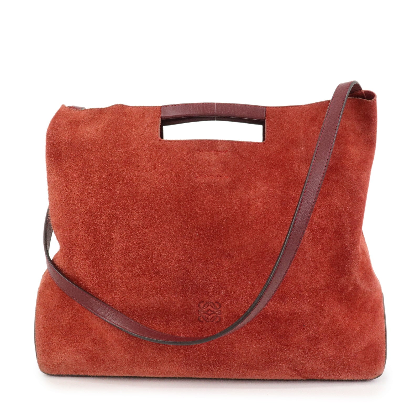 LOEWE Anagram Suede Leather 2Way Bag Shoulder Hand Bag Red 061307