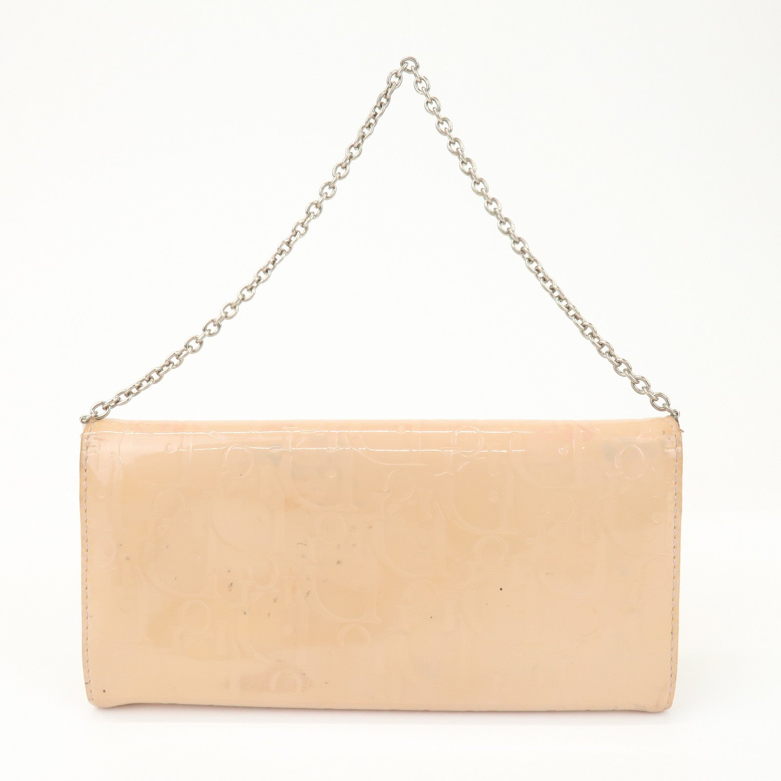 Christian Dior Patent Leather Chain Wallet Long Wallet WOC Beige
