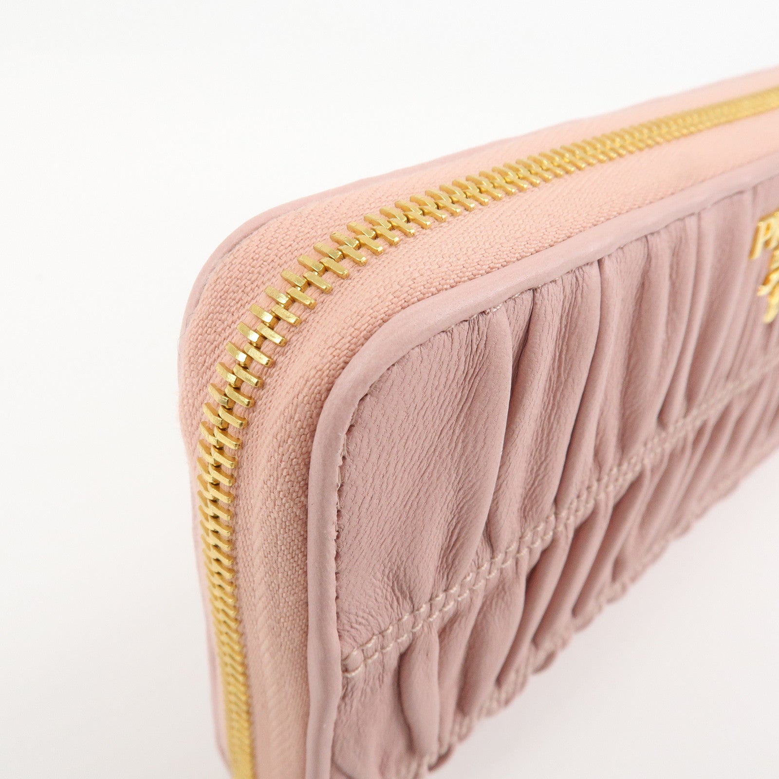 PRADA Leather Gather Round Zippy Wallet Gold Hardware Pink 1M0506 Used