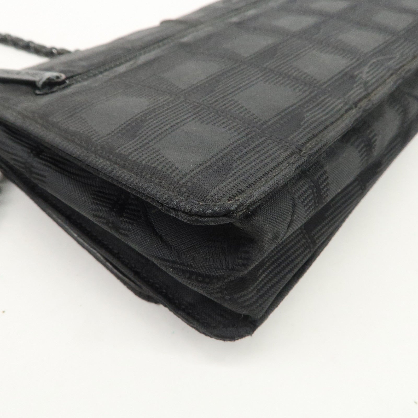 Chanel New Travel Line Nylon Jacquard Leather Chain Wallet Black A15772 Used