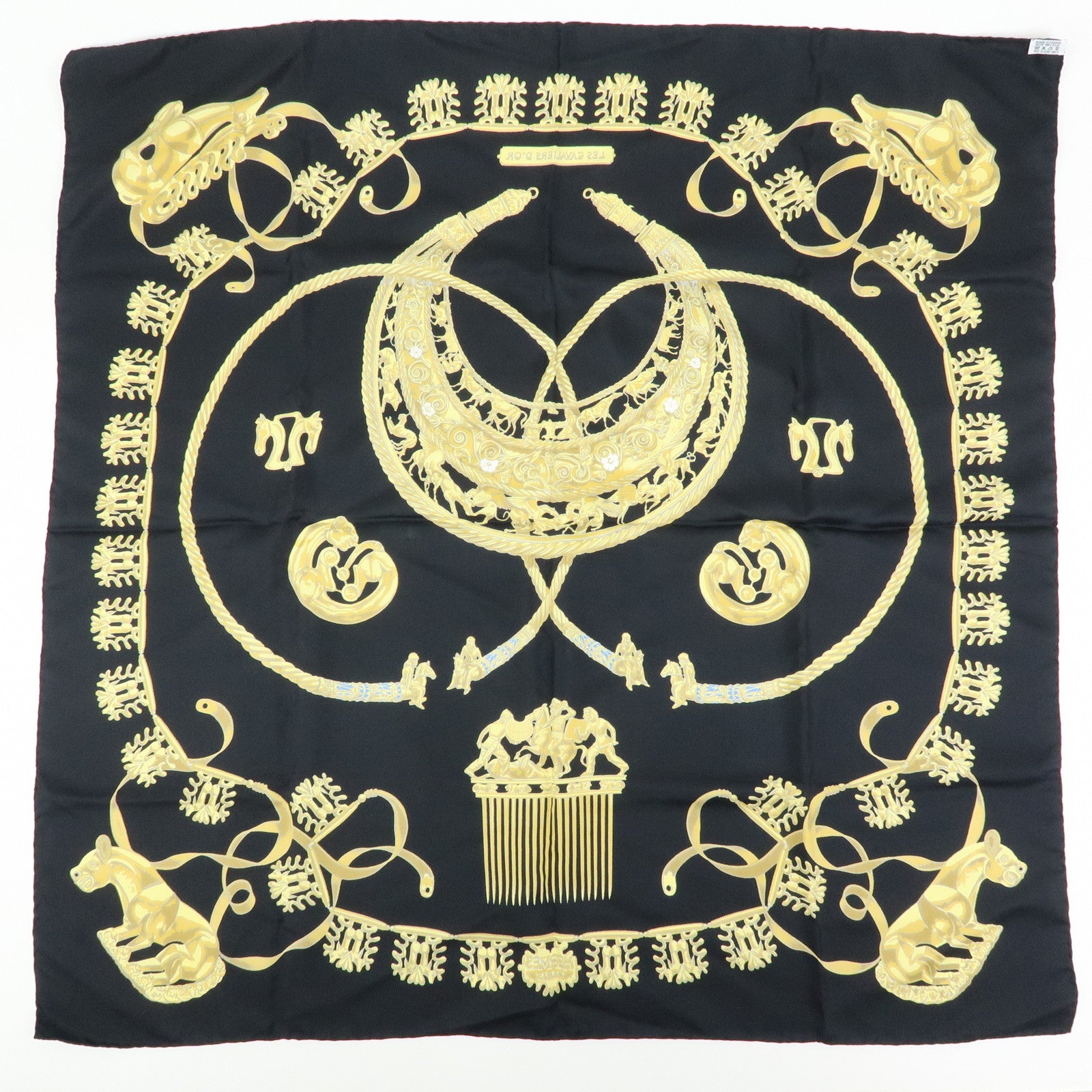 HERMES Carre 90 Silk 100% Scarf LES CAVALIERS D'OR Black Gold