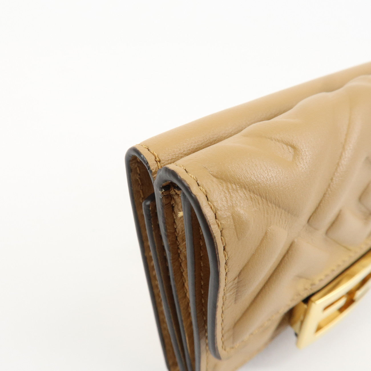 FENDI Zucca Baguette Leather Micro Tri-fold Wallet Beige 8M0395 Used