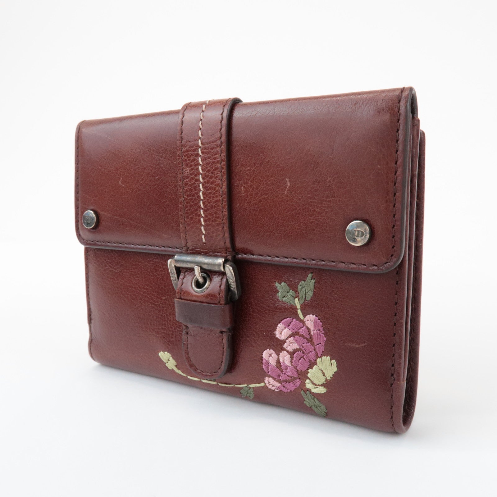 Christian Dior Leather Flower Embroidery Motif Compact Wallet Brown