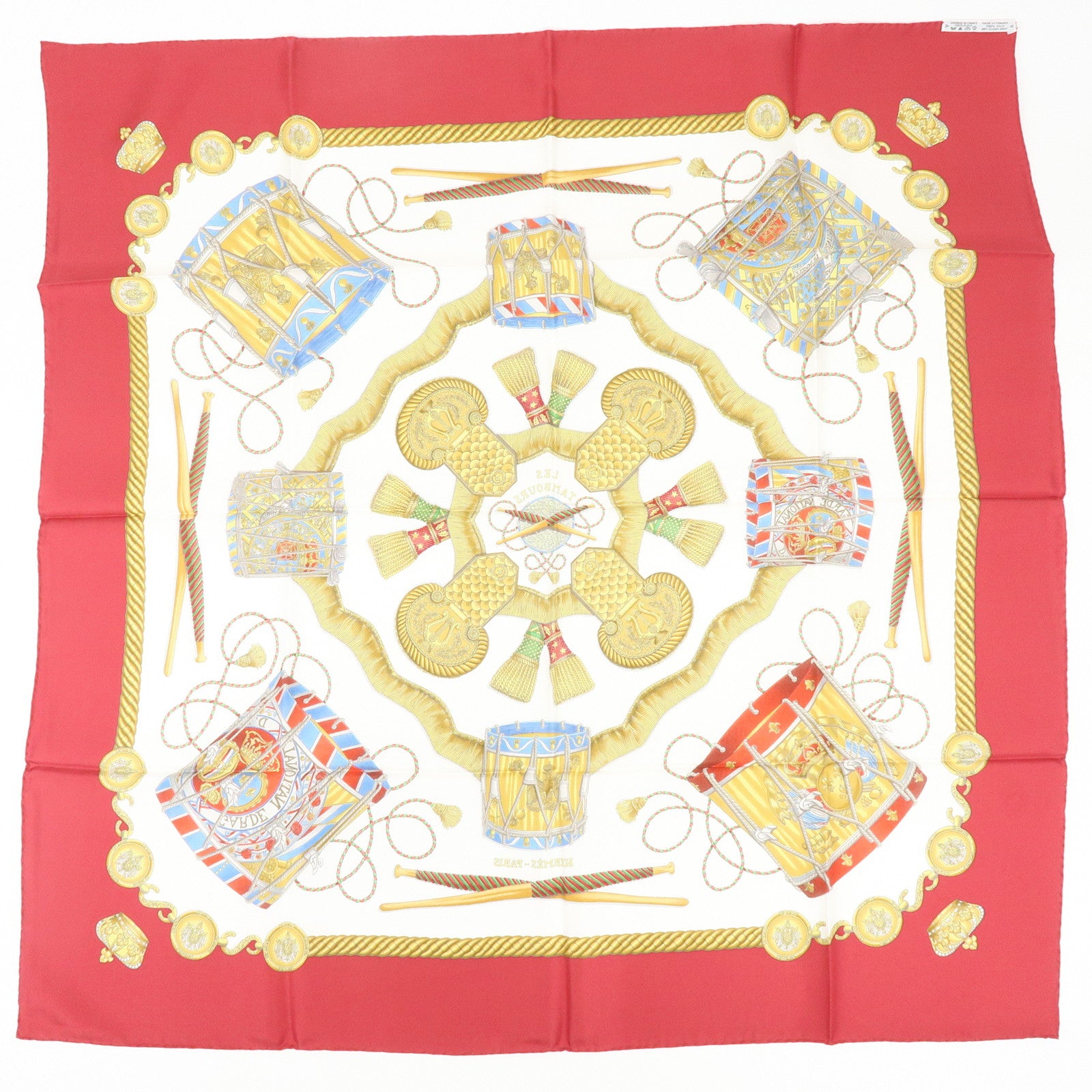 HERMES Carre 90 Silk 100% Scarf  LES TAMBOURS Red Gold