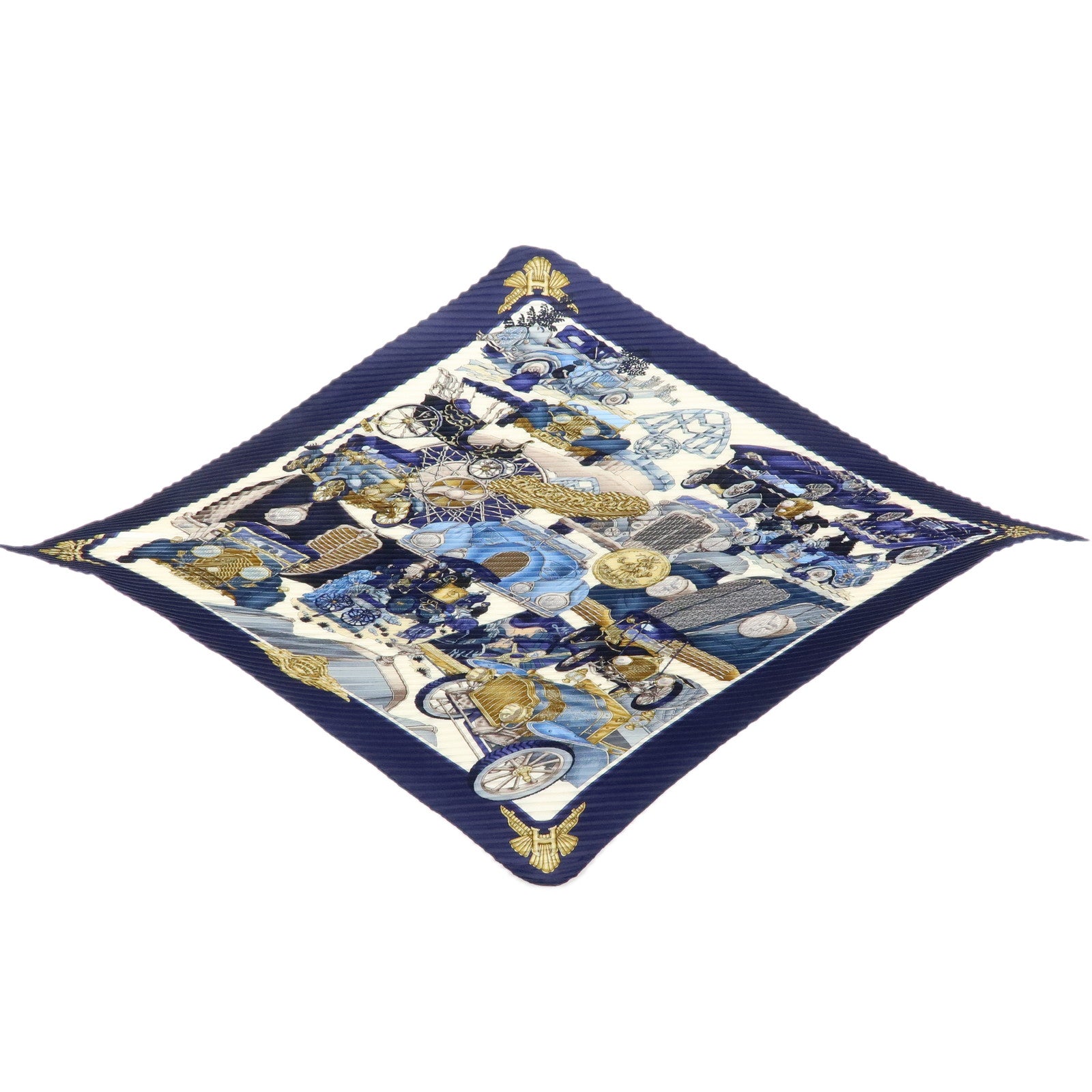 HERMES Pleated Carre 90 Silk 100% Scarf Automobile Print Navy White