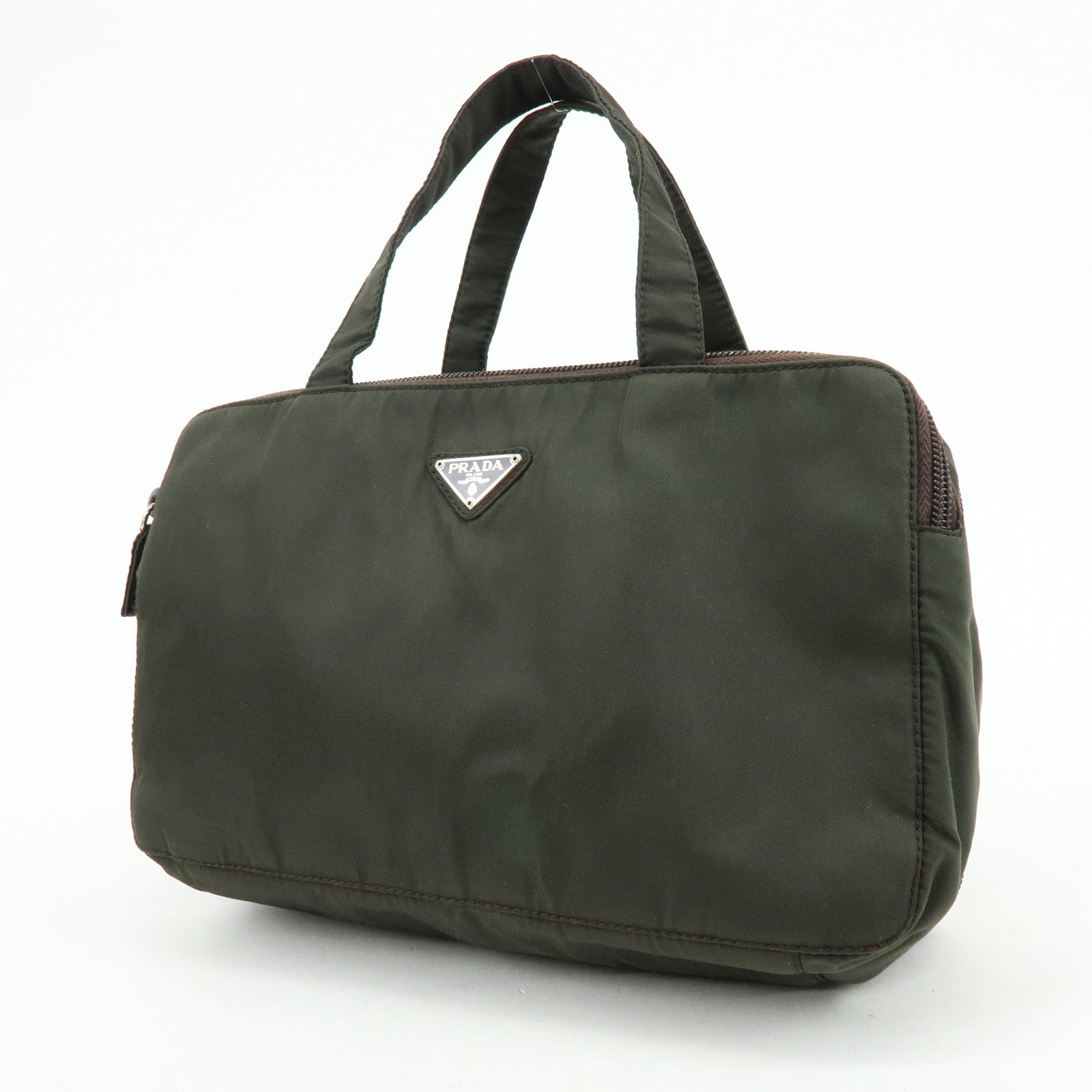 PRADA Triangle Logo Nylon Leather Hand Bag Cosmetic Case Khaki