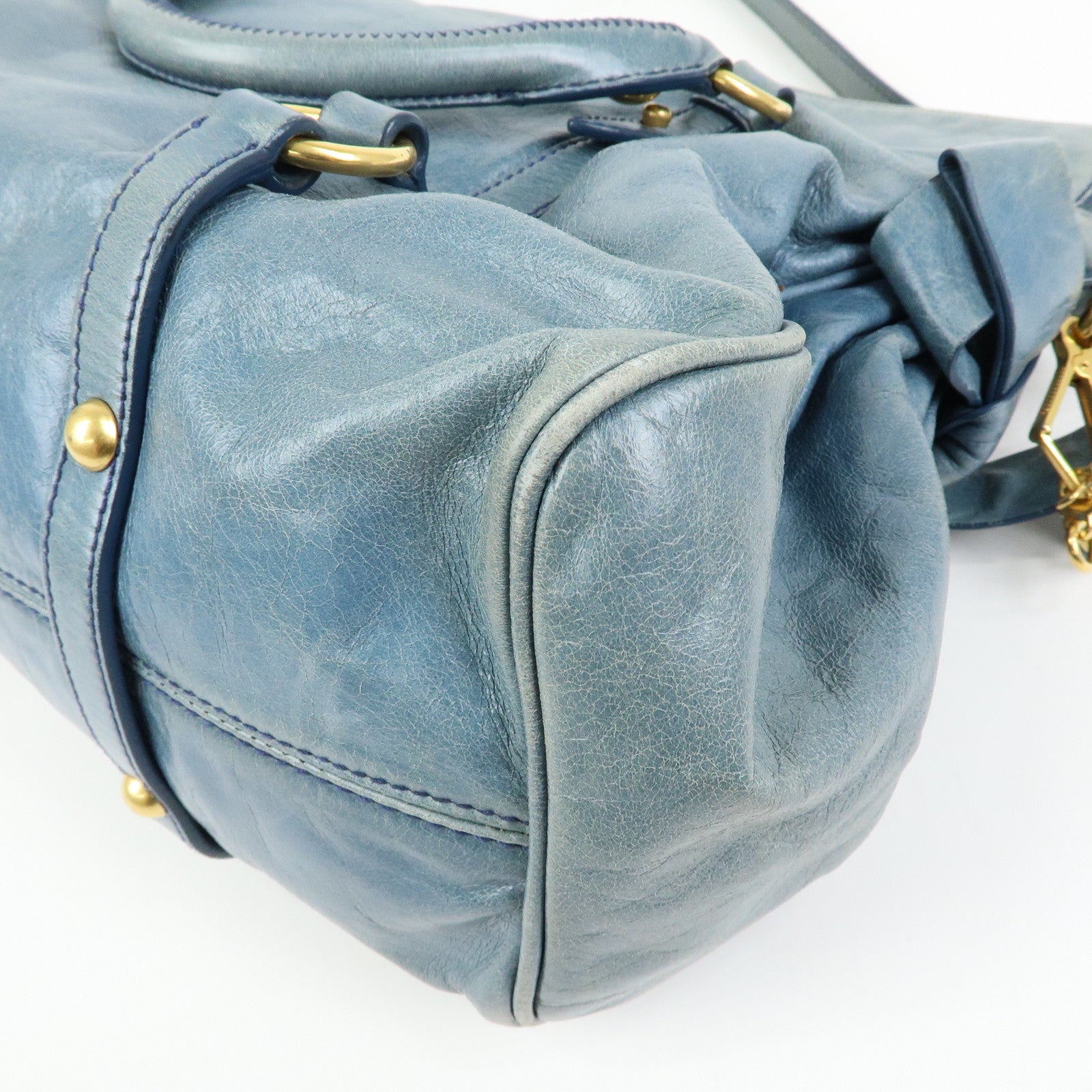 MIU MIU Side Ribbon Vittello Lux 2Way Bag Hand Shoulder Bag Blue