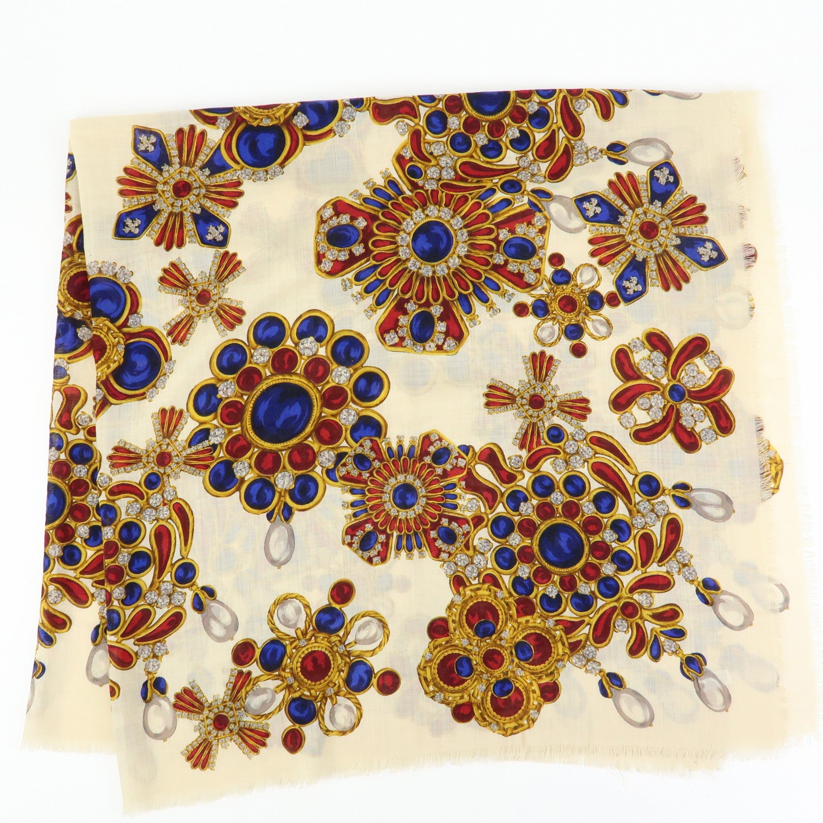 CHANEL Wook Silk Jewlry Pattern Scarf Beige Gold Red Blue