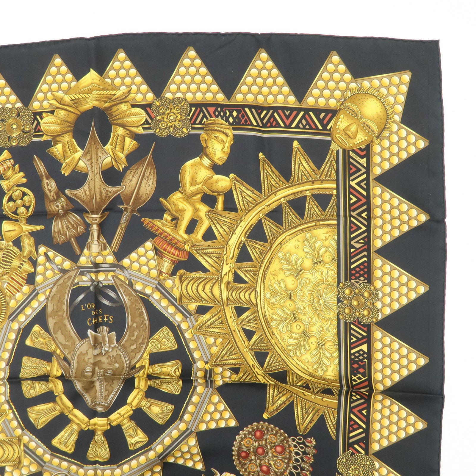 HERMES Carre 90 Silk 100% Scarf  L'OR DES CHEFS Black Yellow