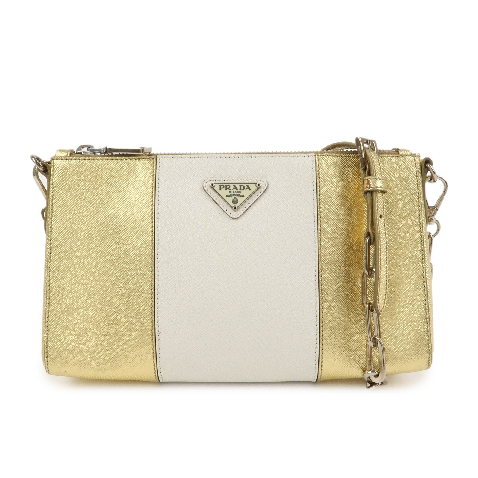 PRADA Logo Leather Crossbody Chain Shoulder Bag Gold BT947C